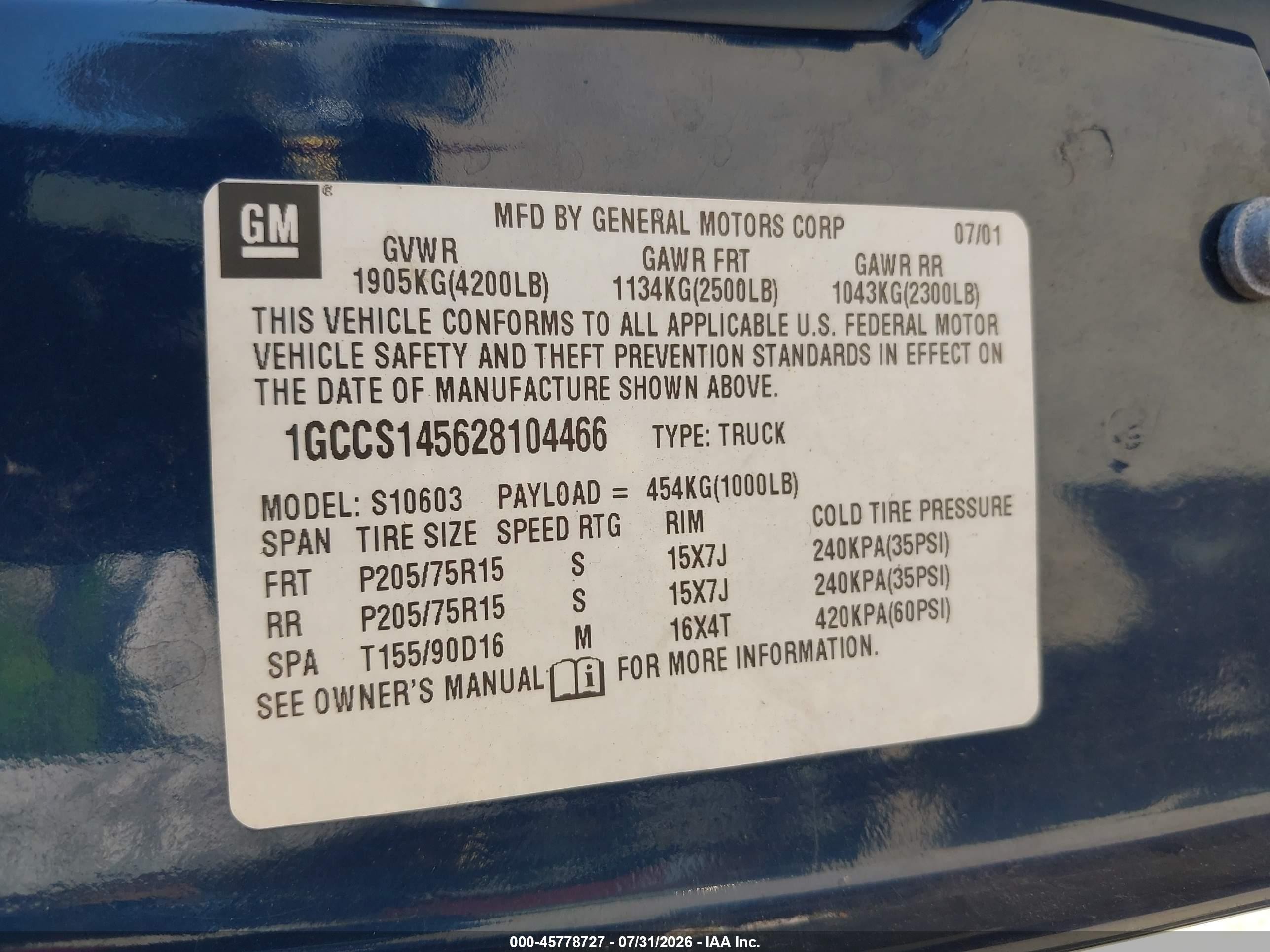 2002 Chevrolet S-10 Ls Dark Blue vin: 1GCCS145628104466