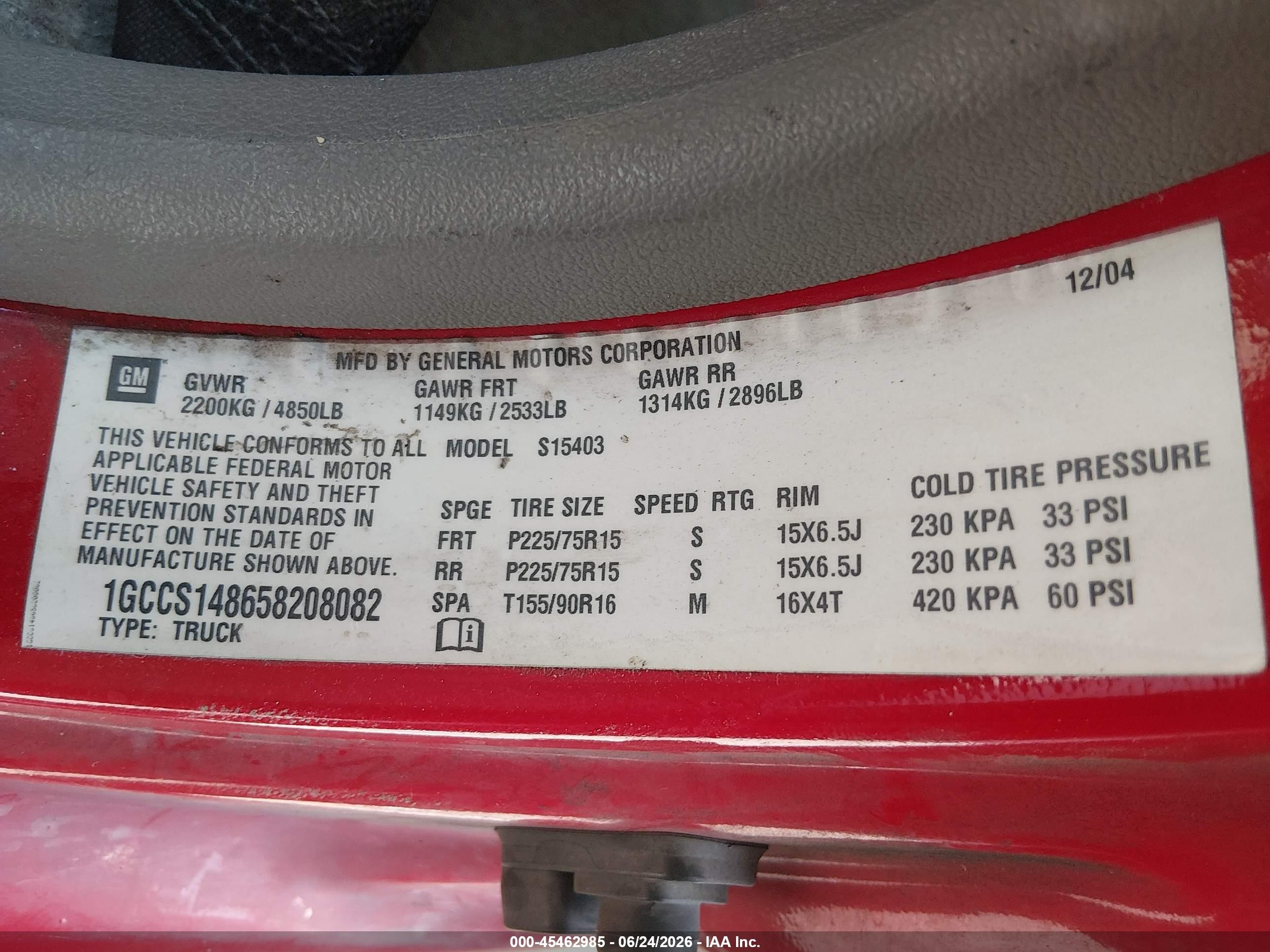 2005 Chevrolet Colorado   Red vin: 1GCCS148658208082