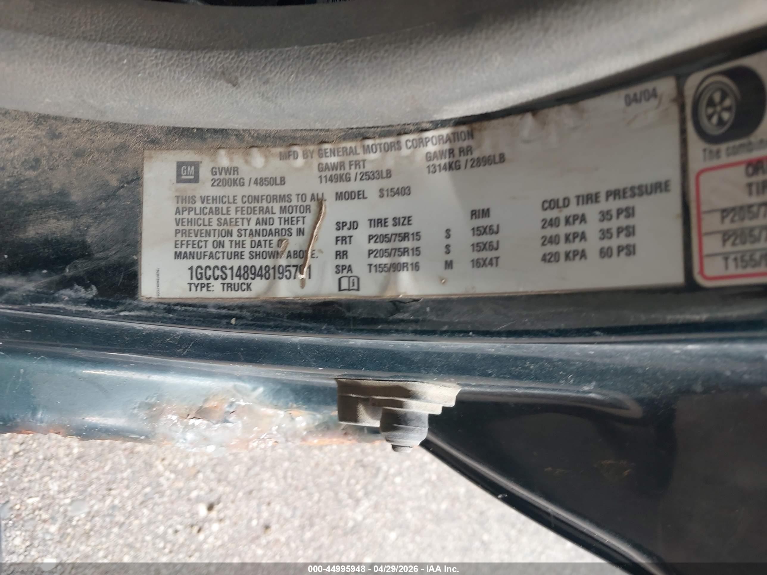 2004 Chevrolet Colorado   Зеленый vin: 1GCCS148948195701