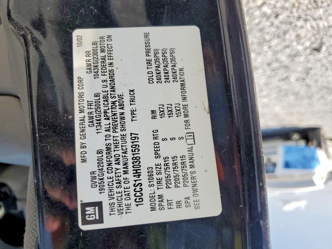 2003 Chevrolet S Truck S10 Black vin: 1GCCS14H038159197