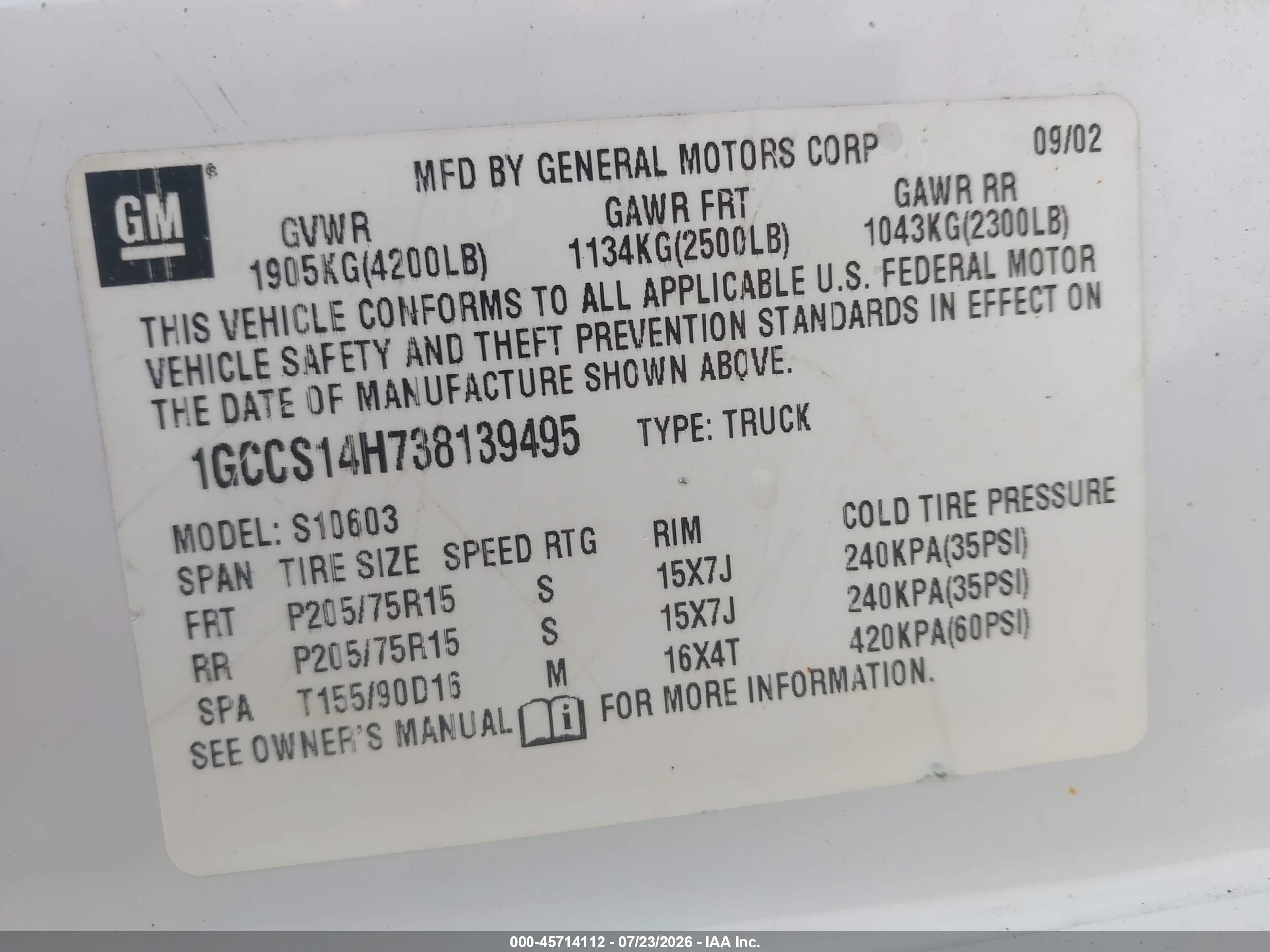 2003 Chevrolet S-10   White vin: 1GCCS14H738139495