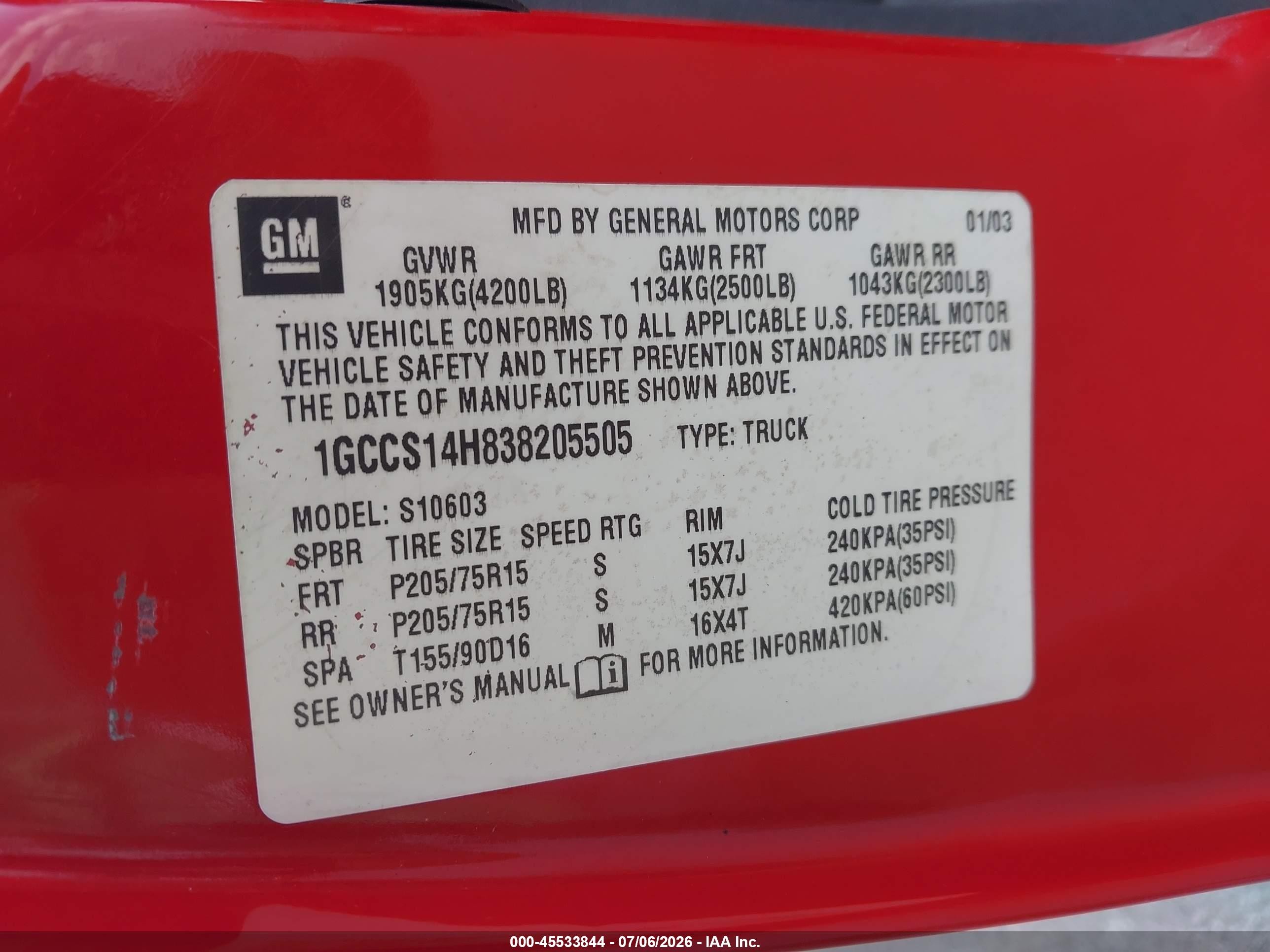2003 Chevrolet S-10   Red vin: 1GCCS14H838205505