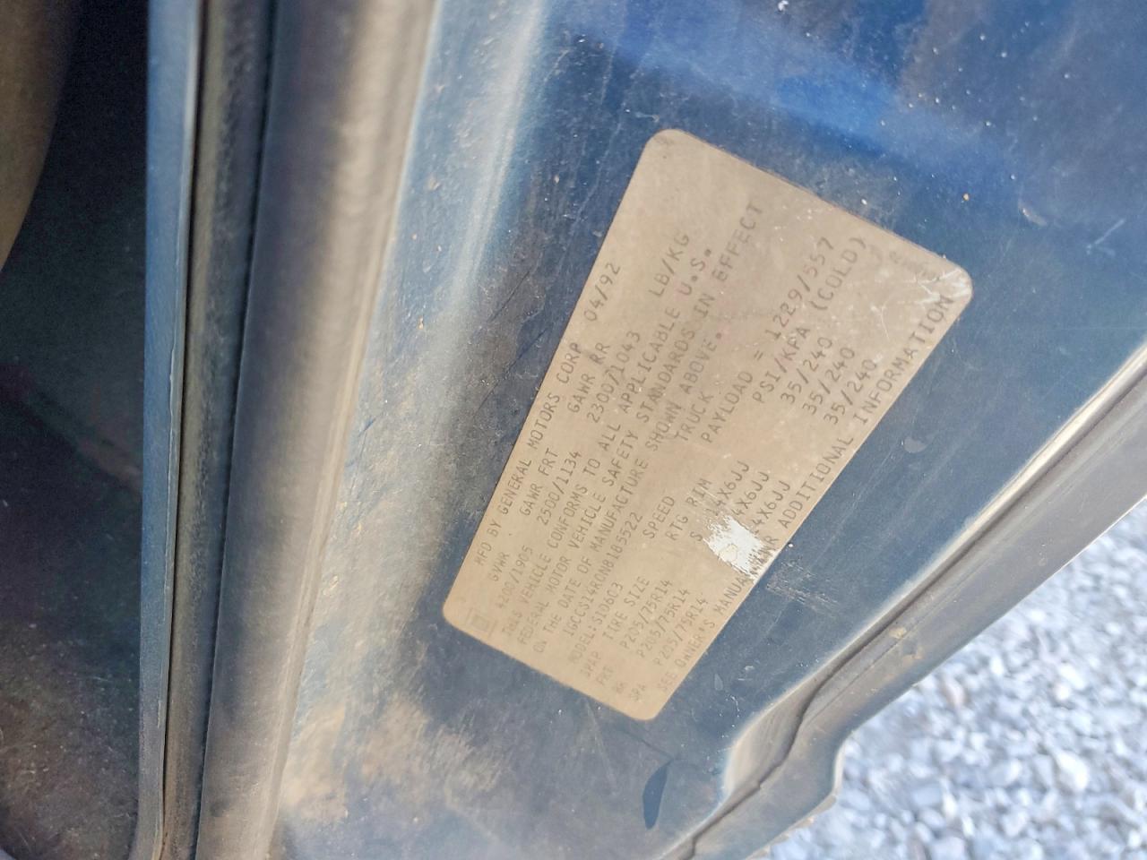 1992 Chevrolet S Truck S10 Blue vin: 1GCCS14R0N8185522