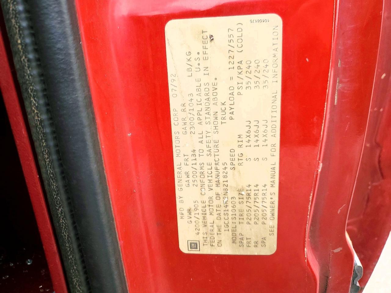 1992 Chevrolet S Truck S10 Red vin: 1GCCS14R2N8218245