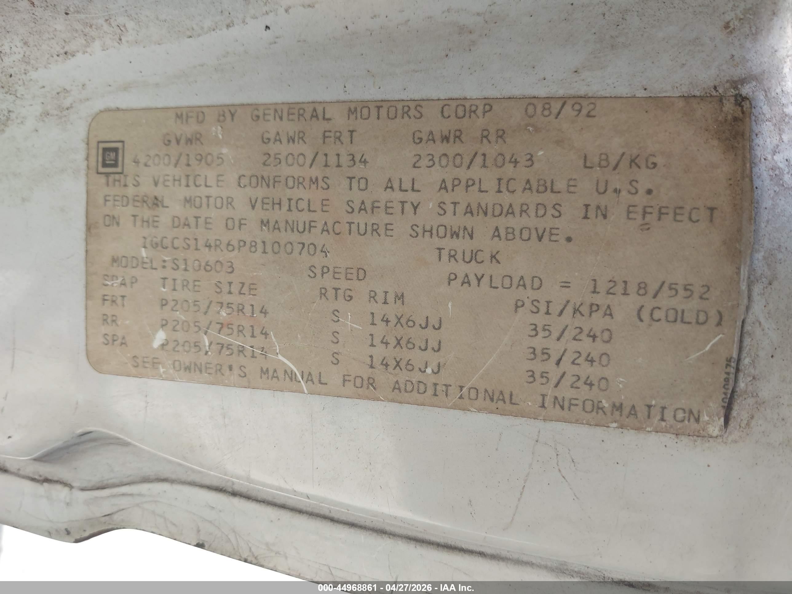 1993 Chevrolet S Truck S10 White vin: 1GCCS14R6P8100704