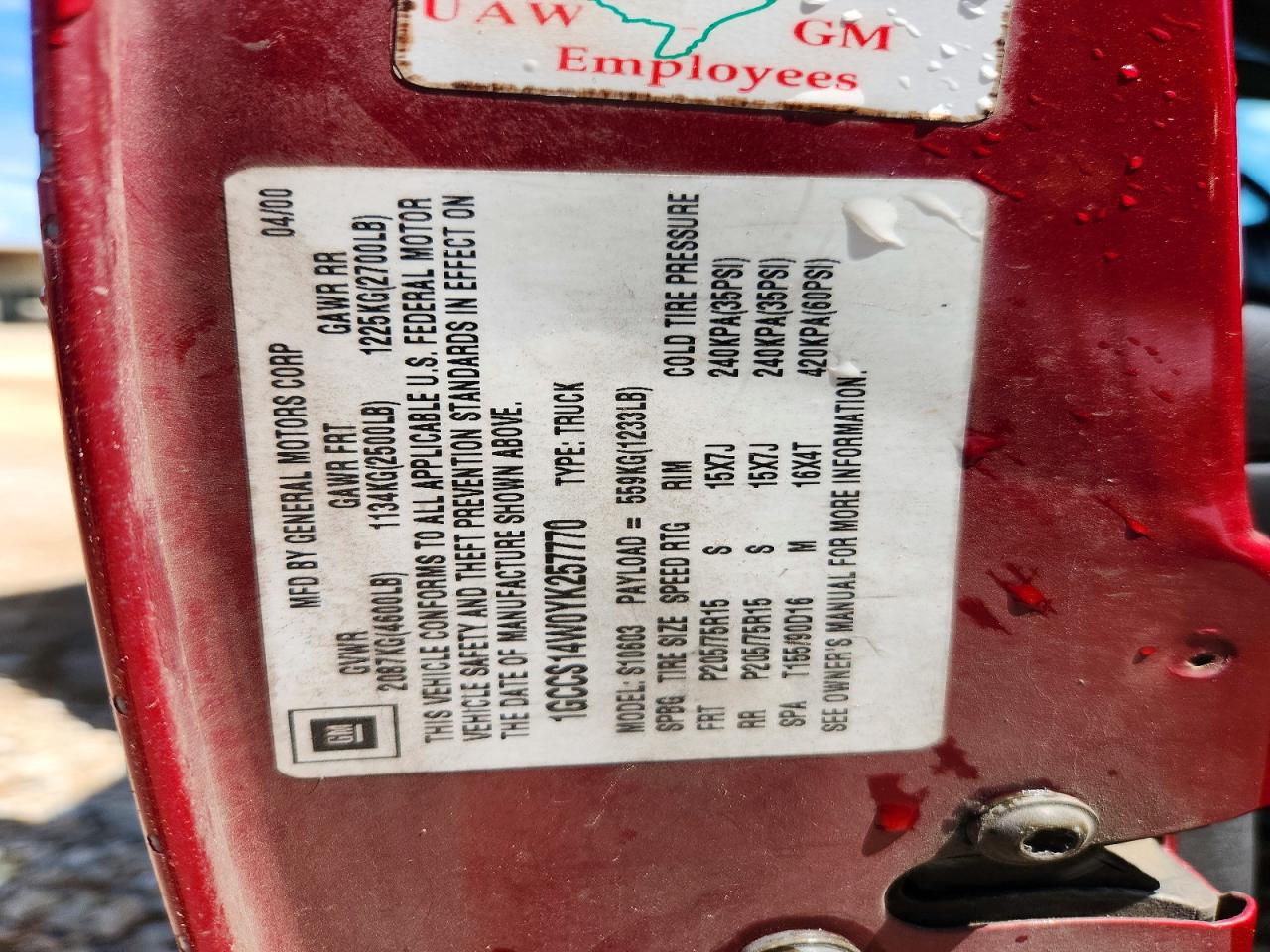 2000 Chevrolet S Truck S10 Maroon vin: 1GCCS14W0YK257770