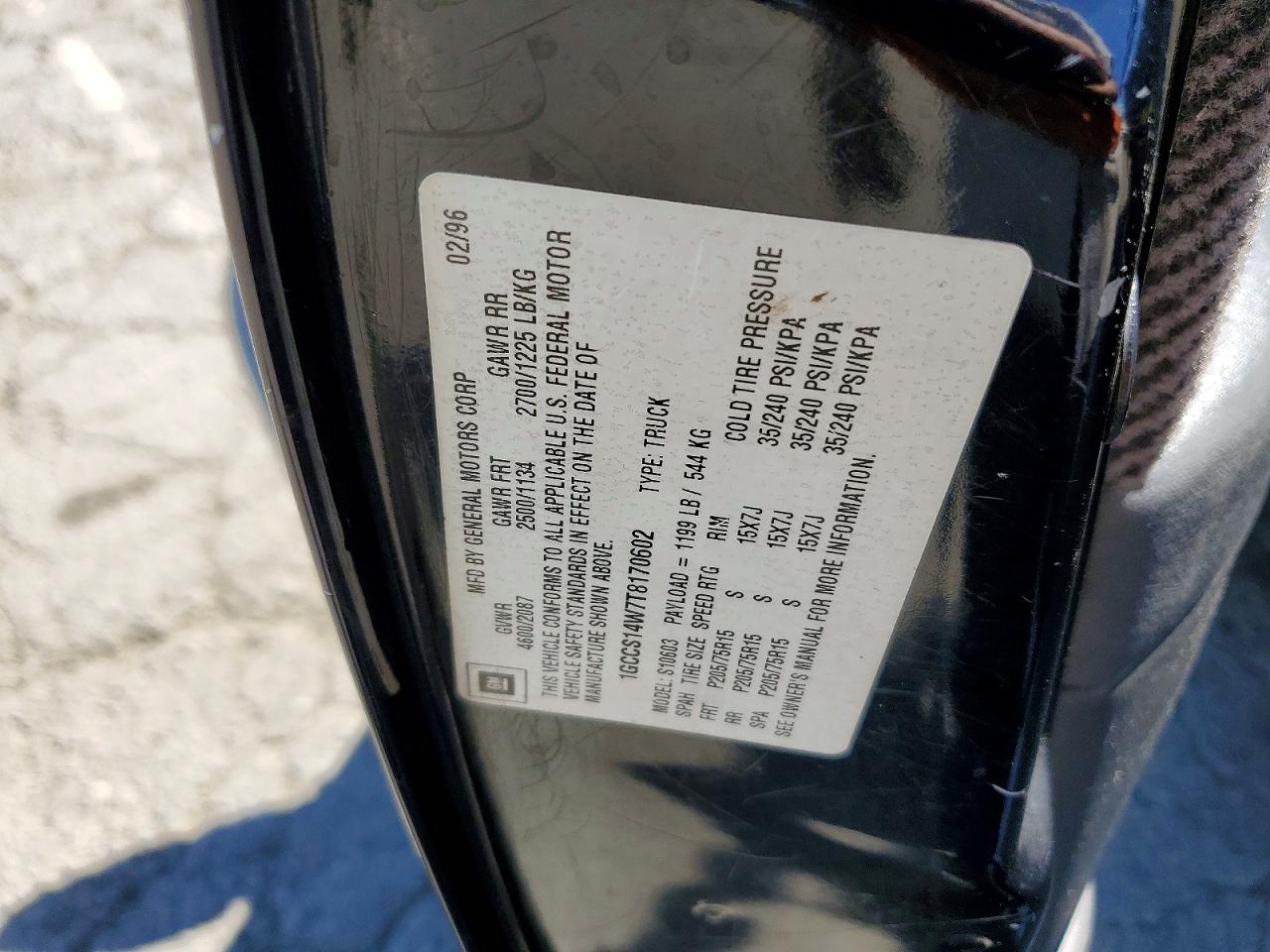 1996 Chevrolet S Truck S10 Black vin: 1GCCS14W7T8170602