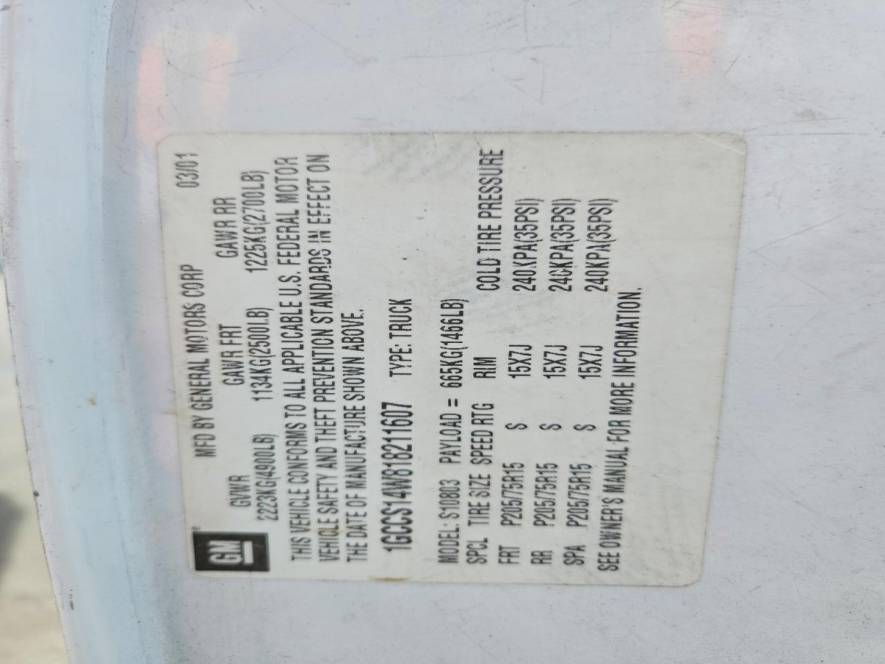 2001 Chevrolet S Truck S10 White vin: 1GCCS14W818211607