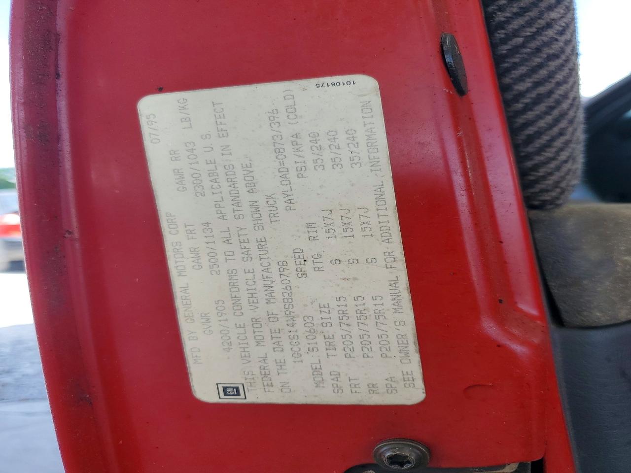 1995 Chev S Truck Red vin: 1GCCS14W9S8260798