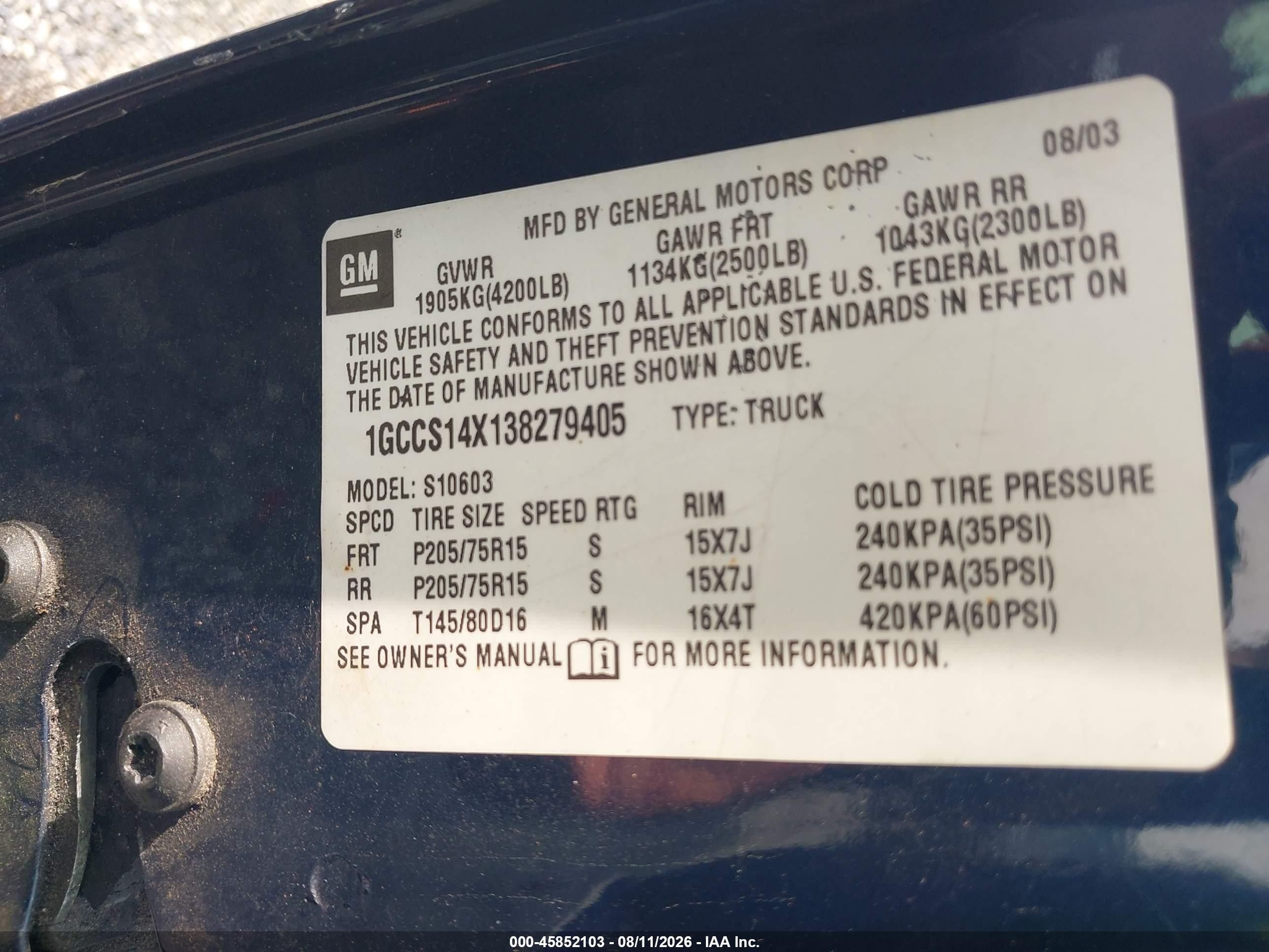 2003 Chevrolet S-10 Ls Blue vin: 1GCCS14X138279405