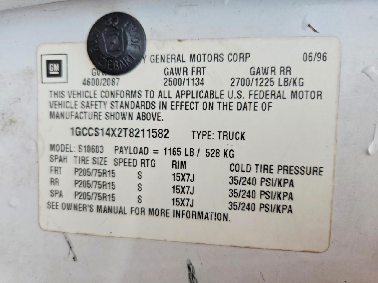 1996 Chevrolet S Truck S10 White vin: 1GCCS14X2T8211582