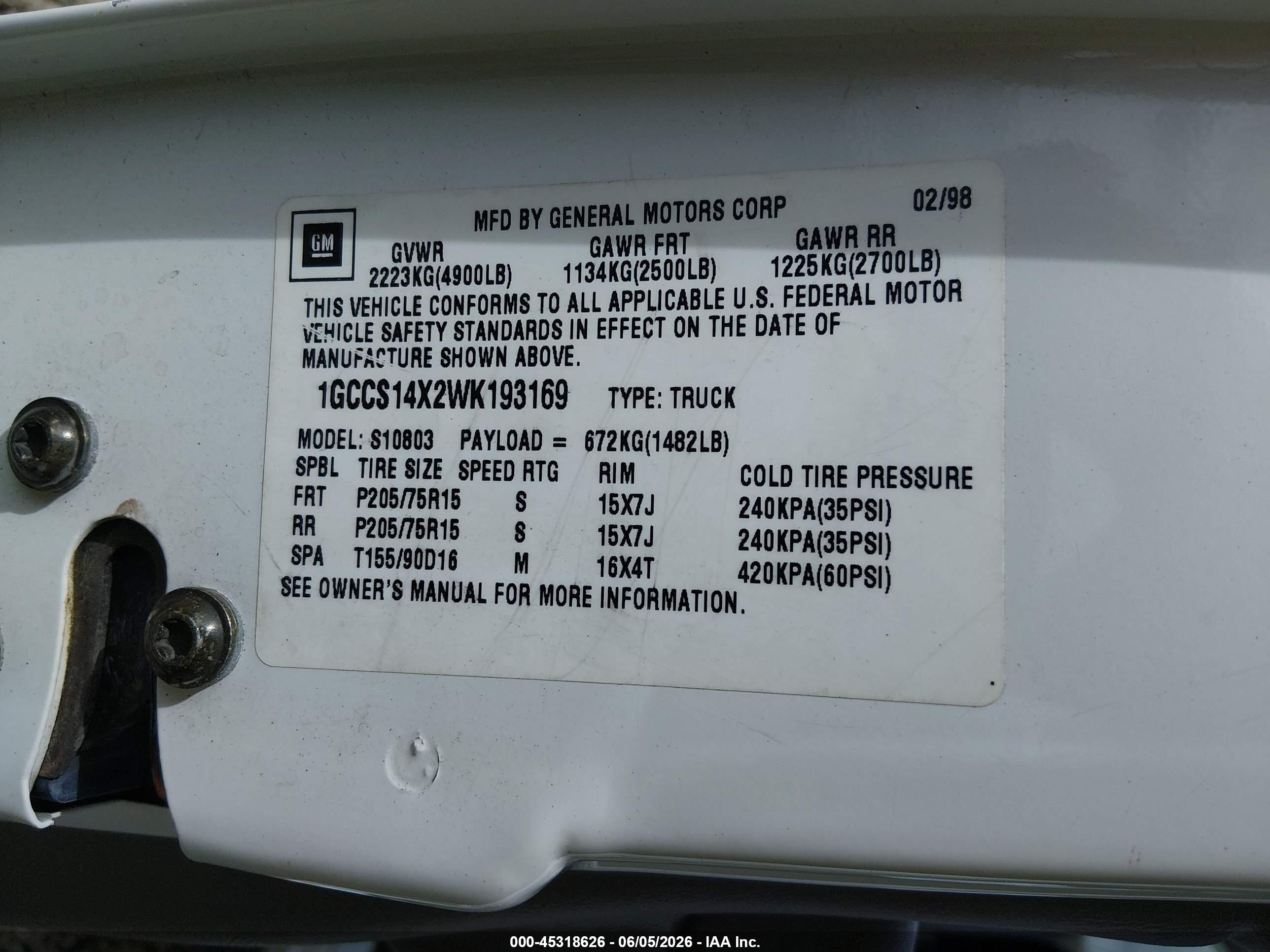 1998 Chevrolet S-10 Fleetside White vin: 1GCCS14X2WK193169