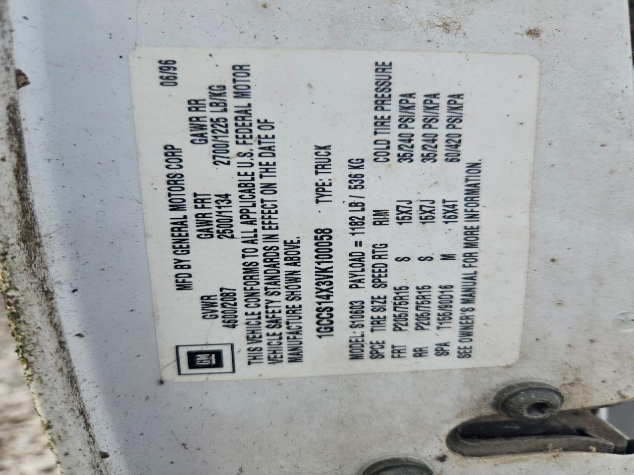 1997 Chevrolet S Truck S10 White vin: 1GCCS14X3VK100058