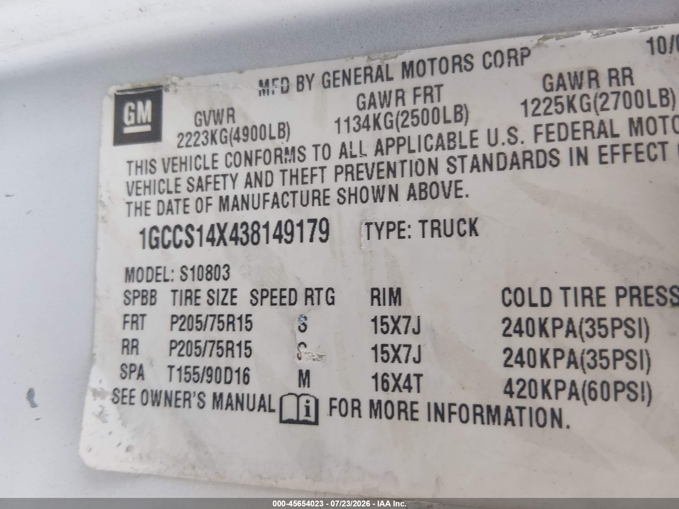 2003 Chevrolet S-10   Белый vin: 1GCCS14X438149179