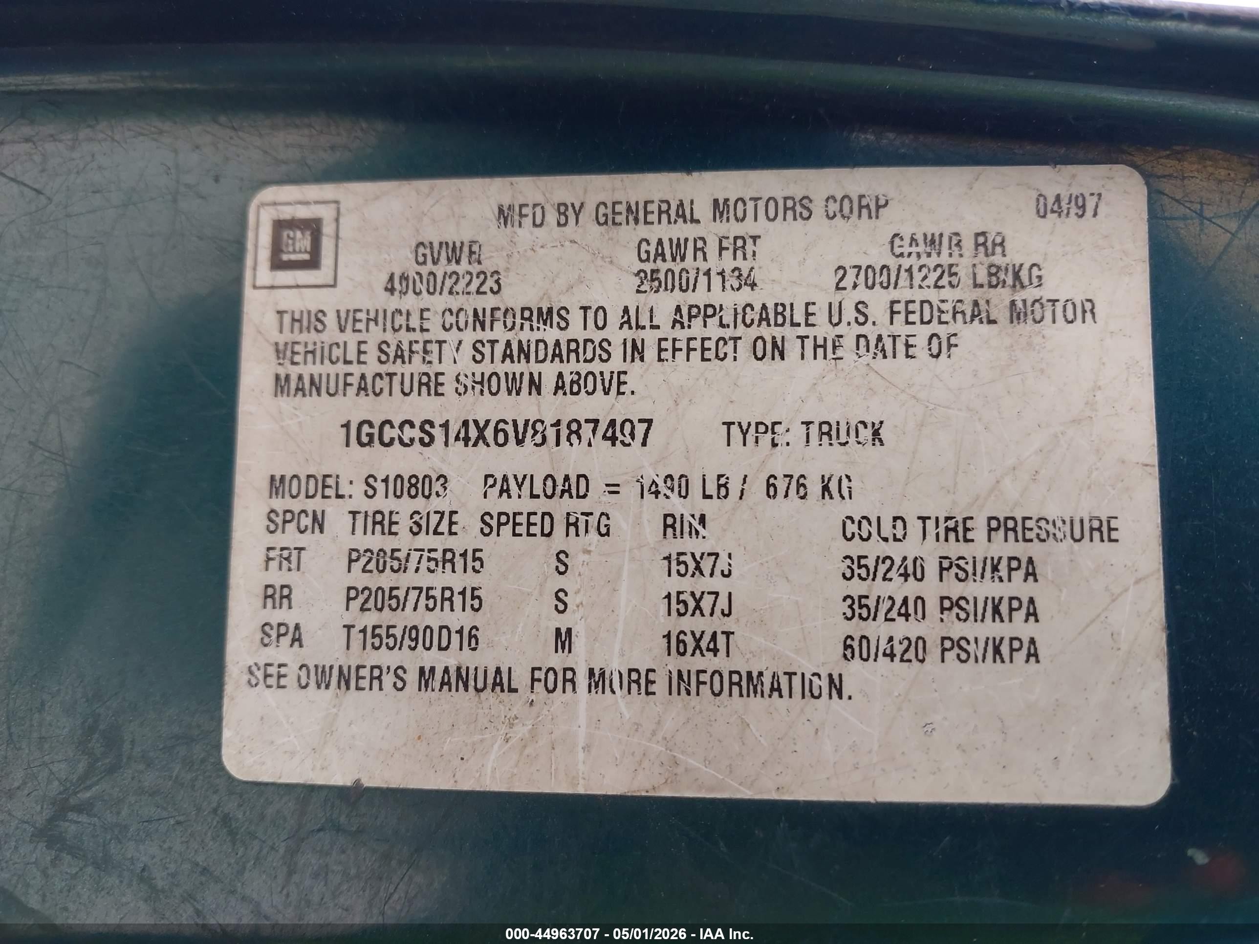 1997 Chevrolet S-10 Fleetside Green vin: 1GCCS14X6V8187497
