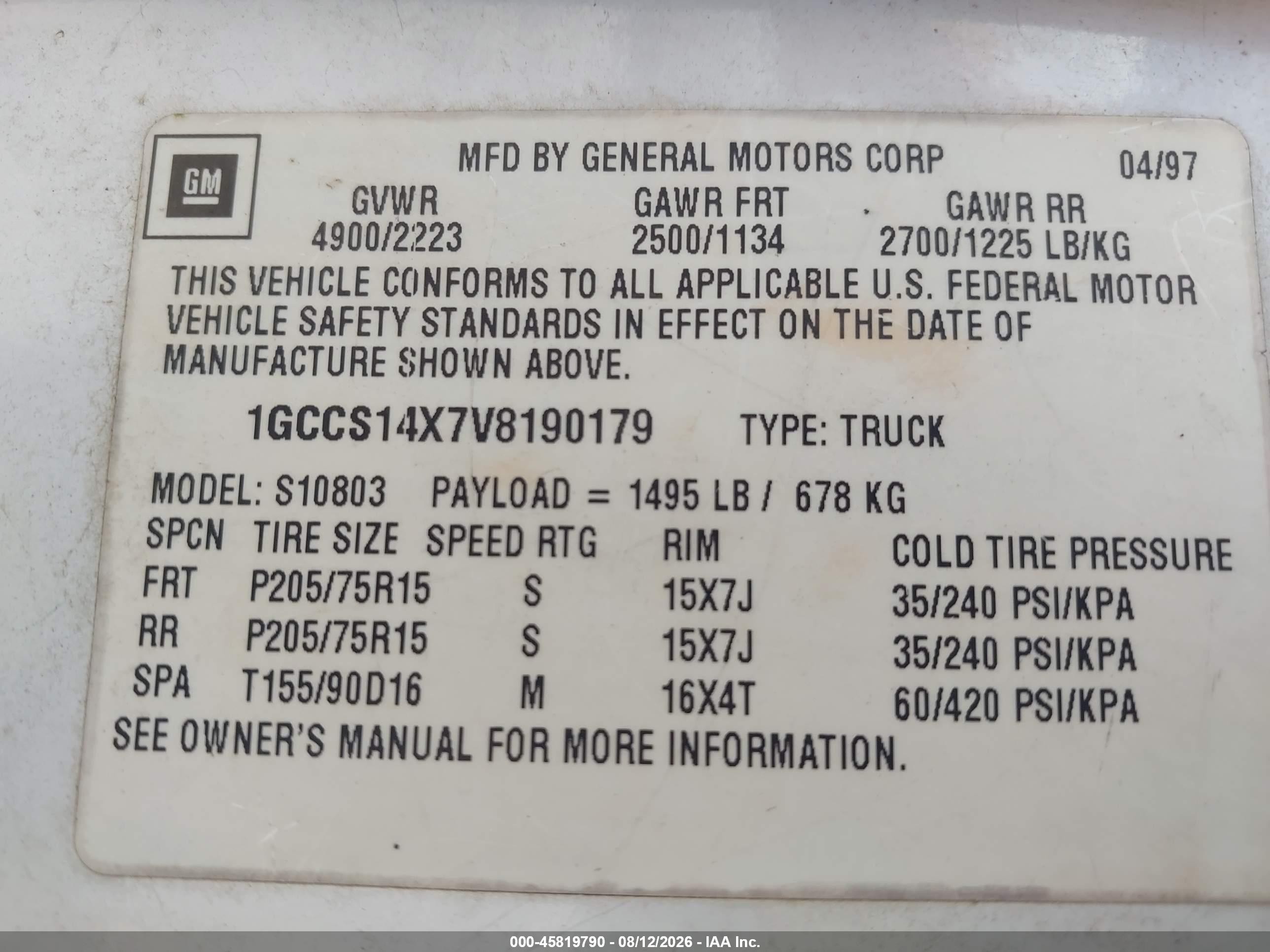 1997 Chevrolet S-10 Fleetside White vin: 1GCCS14X7V8190179