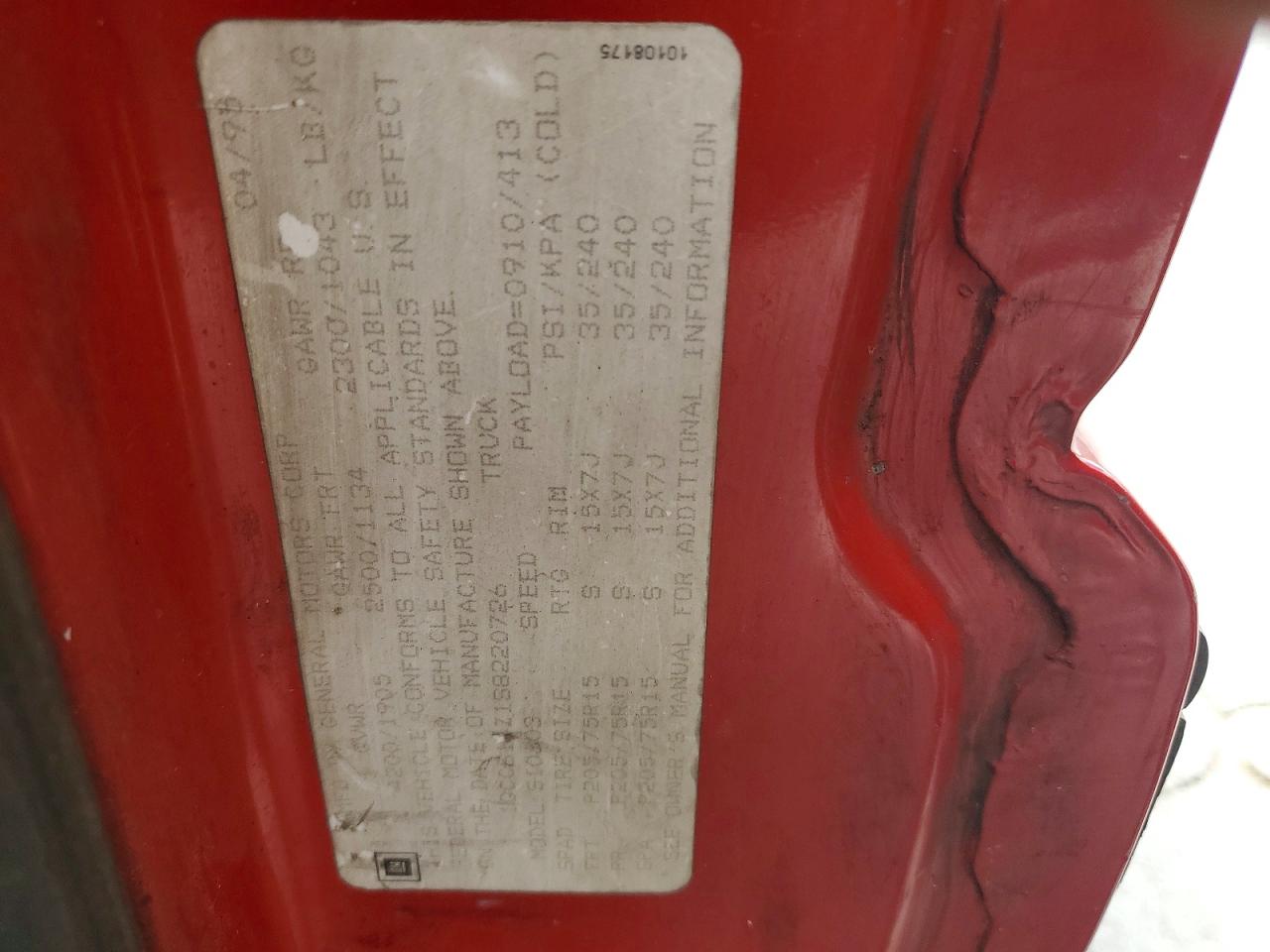1995 Chevrolet S Truck S10 Red vin: 1GCCS14Z1S8220726