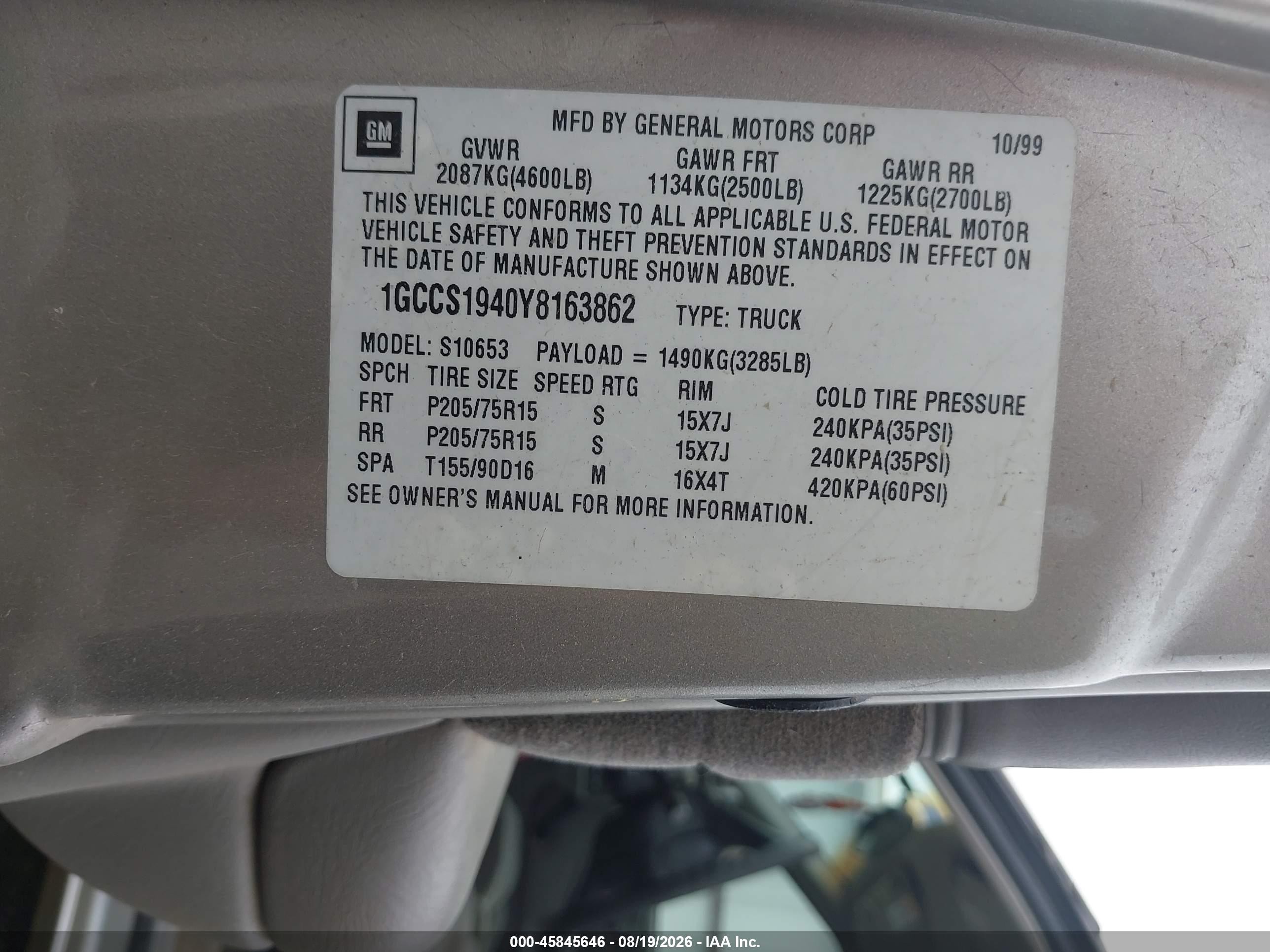 2000 Chevrolet S-10 Ls Tan vin: 1GCCS1940Y8163862
