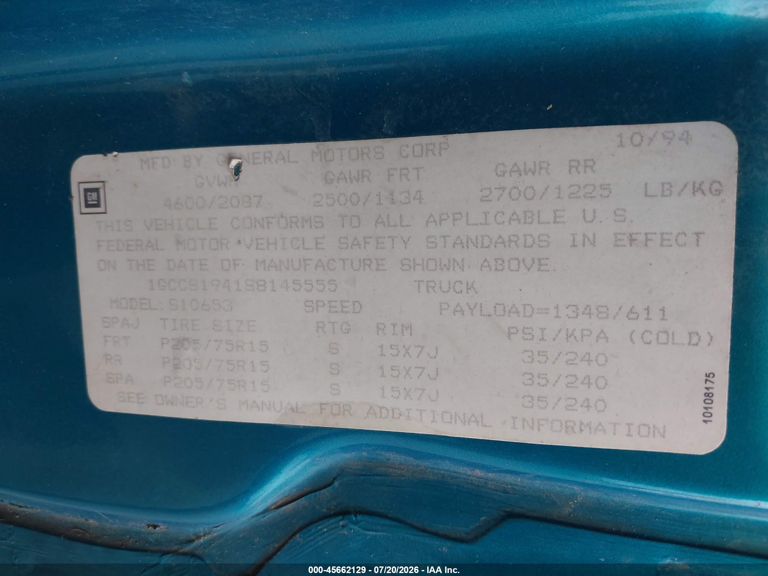 1995 Chevrolet S Truck S10 Turquoise vin: 1GCCS1941S8145555
