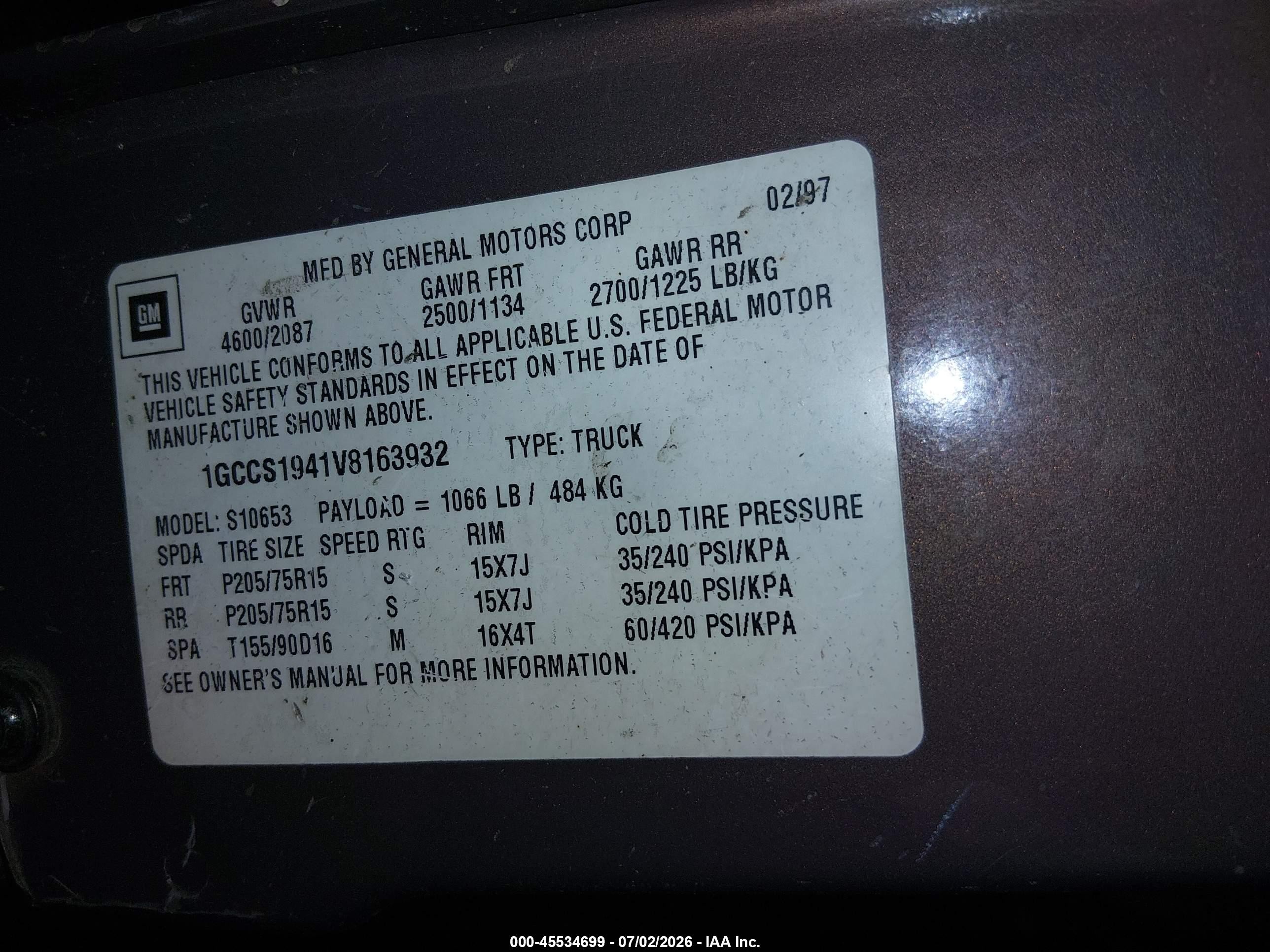 1997 Chevrolet S-10 Ls Brown vin: 1GCCS1941V8163932