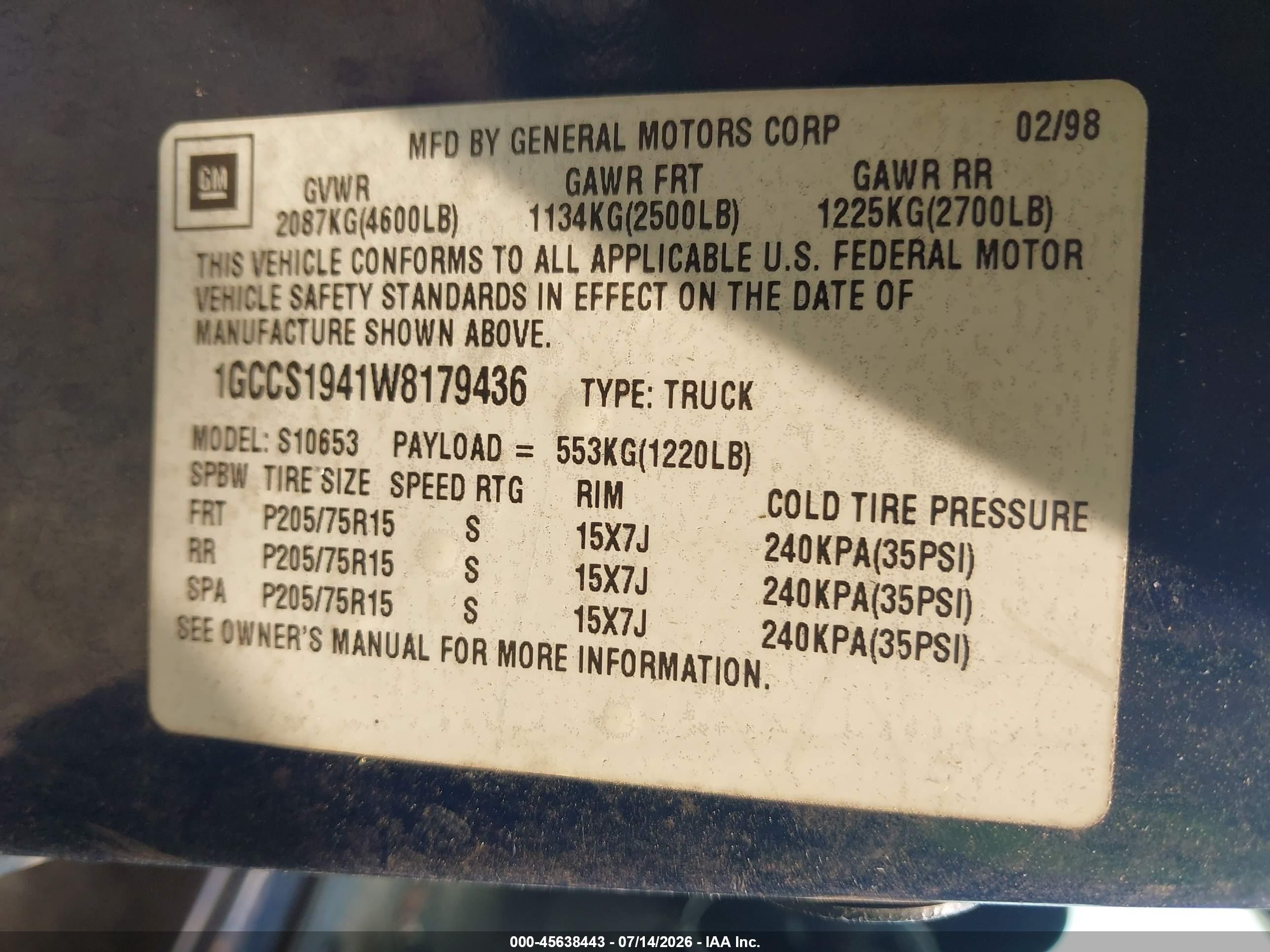 1998 Chevrolet S-10 Ls Синий vin: 1GCCS1941W8179436