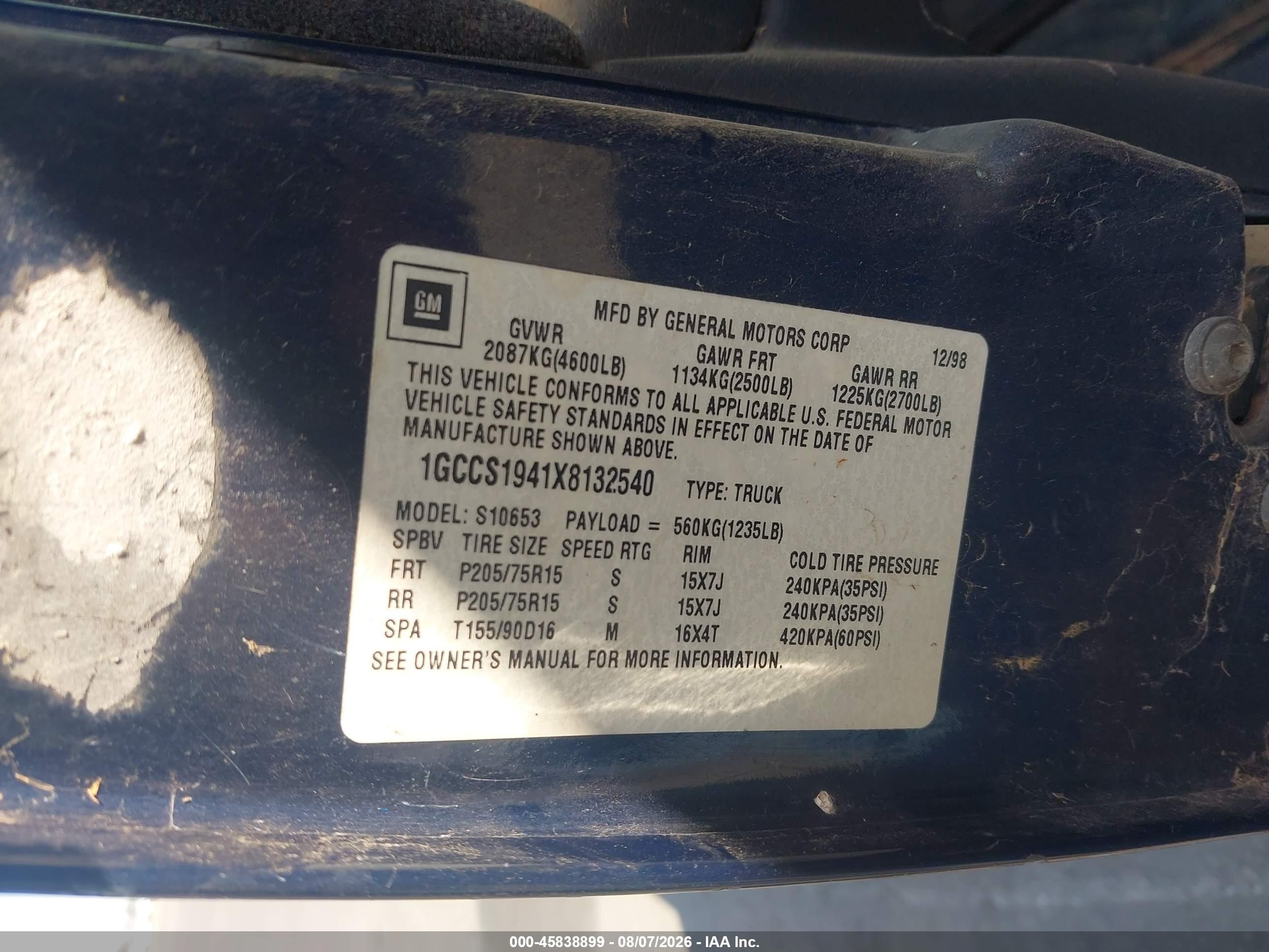 1999 Chevrolet S-10 Ls Blue vin: 1GCCS1941X8132540