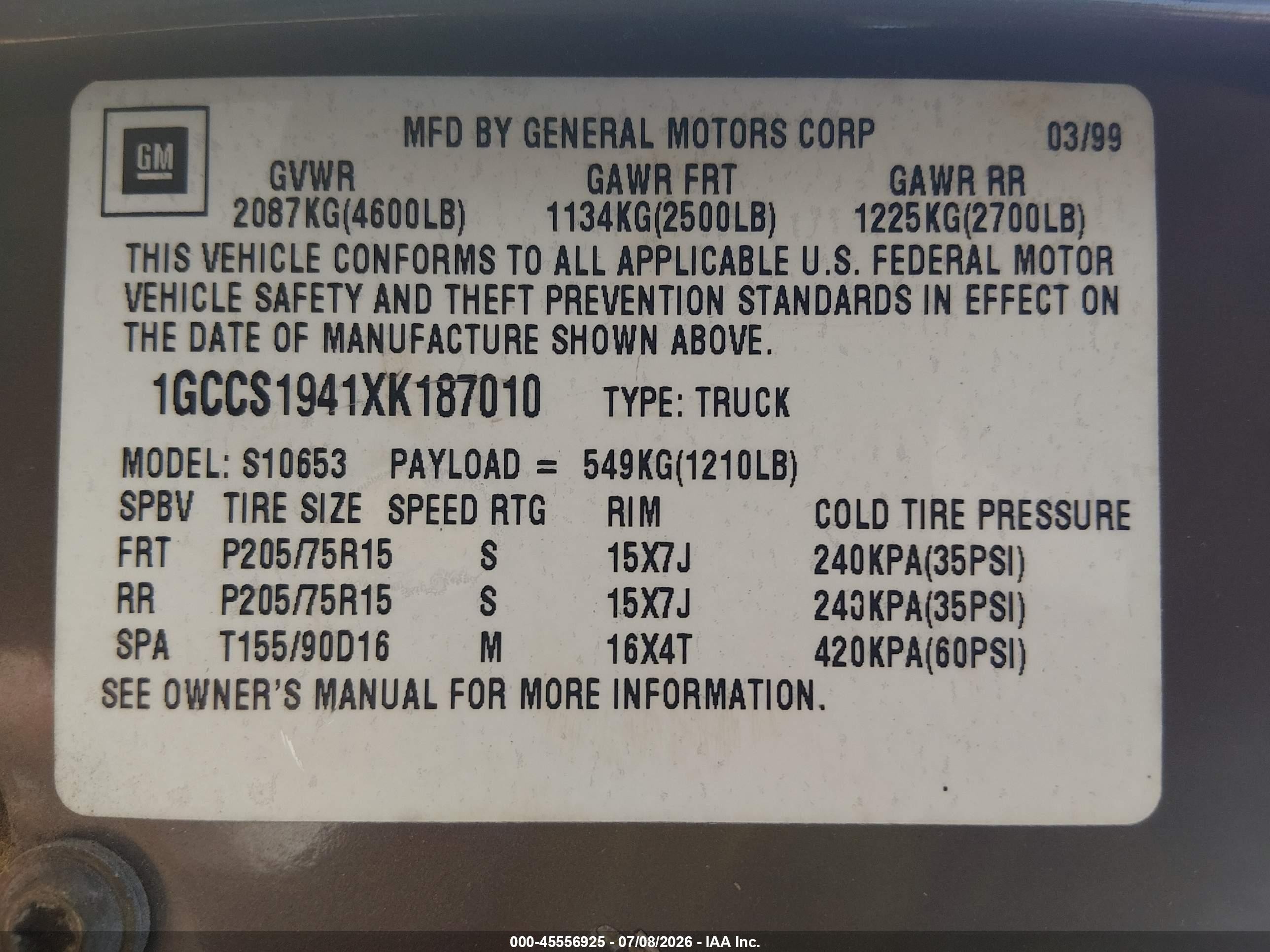 1999 Chevrolet S-10 Ls Brown vin: 1GCCS1941XK187010