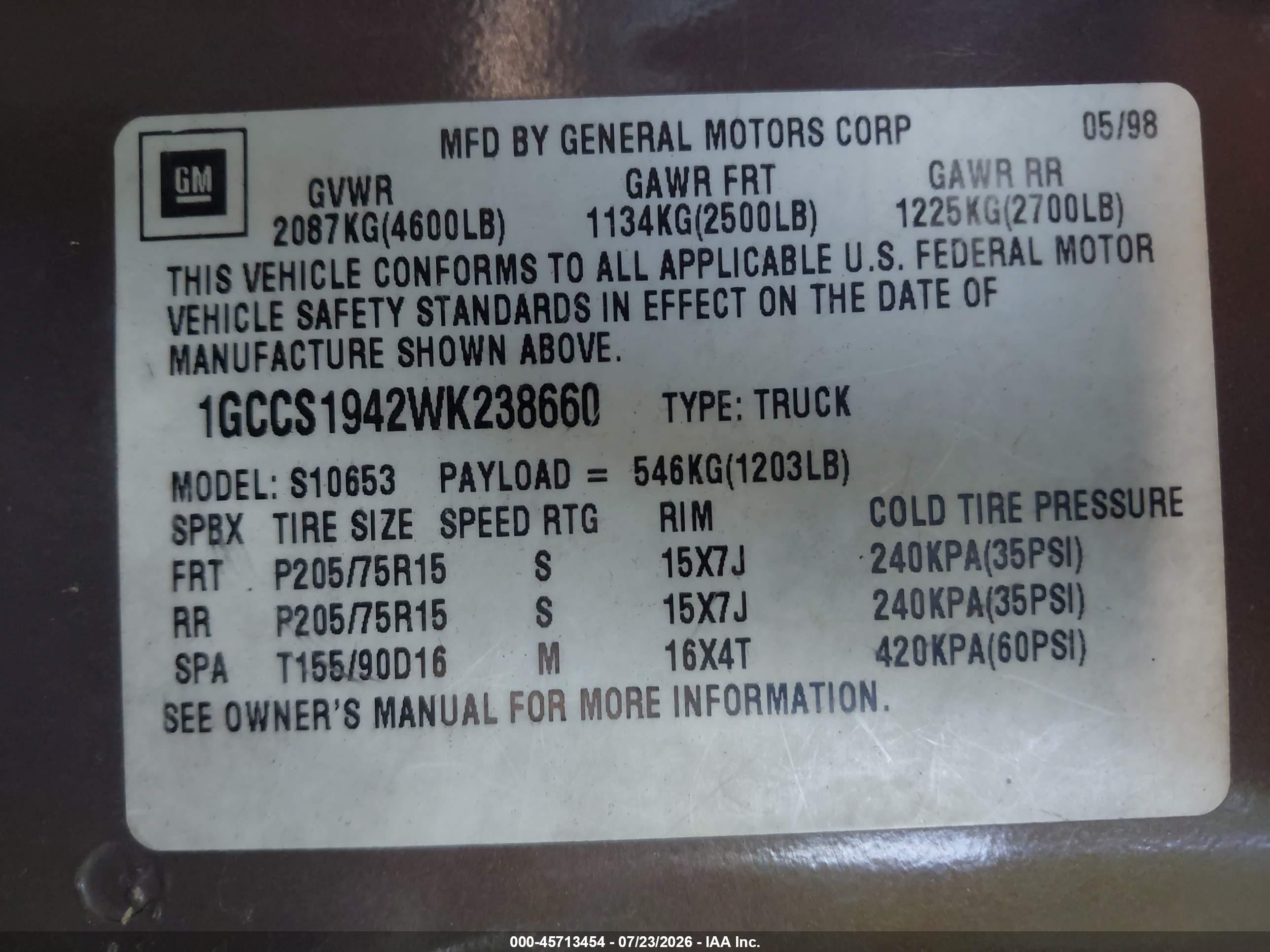 1998 Chevrolet S-10 Ls Коричневый vin: 1GCCS1942WK238660