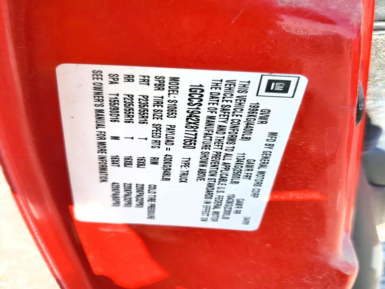 1999 Chevrolet S Truck S10 Red vin: 1GCCS1942X8177650