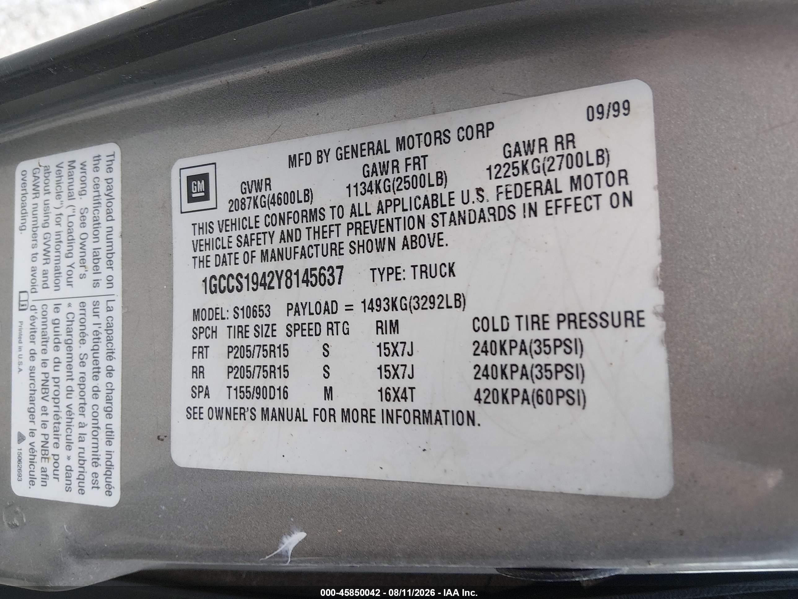 2000 Chevrolet S-10 Ls Gray vin: 1GCCS1942Y8145637