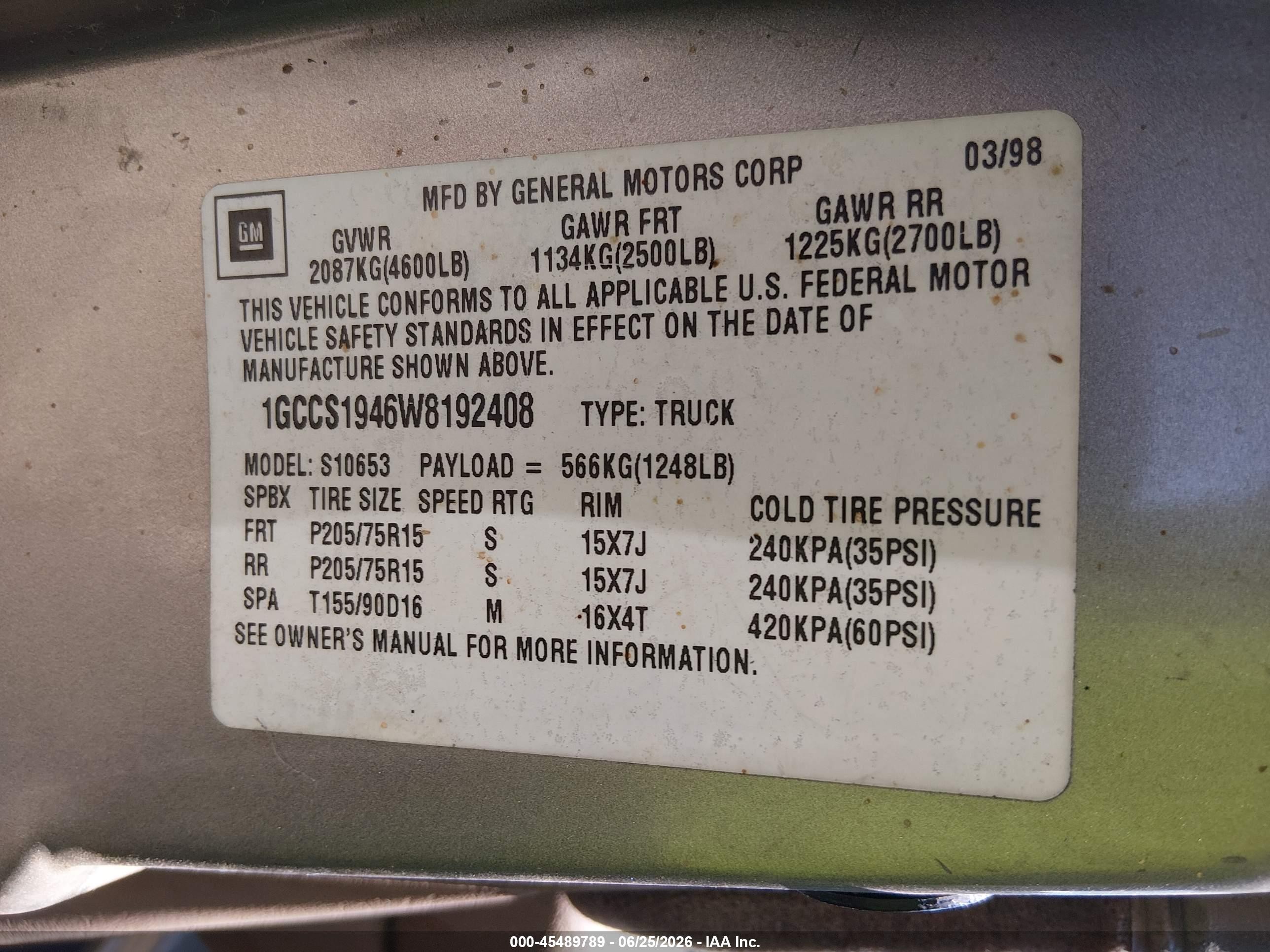 1998 Chevrolet S-10 Ls Brown vin: 1GCCS1946W8192408
