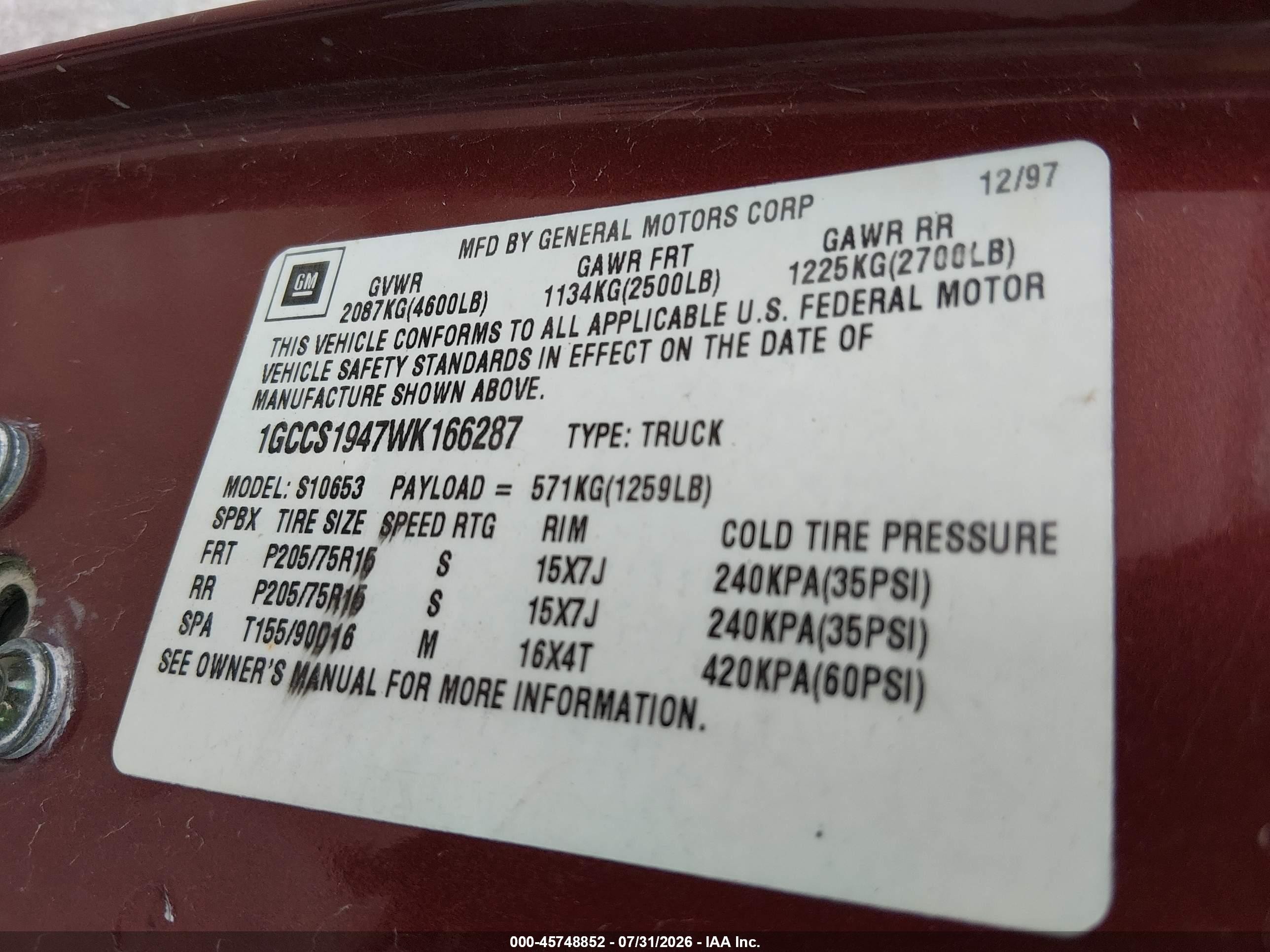 1998 Chevrolet S-10 Ls Red vin: 1GCCS1947WK166287