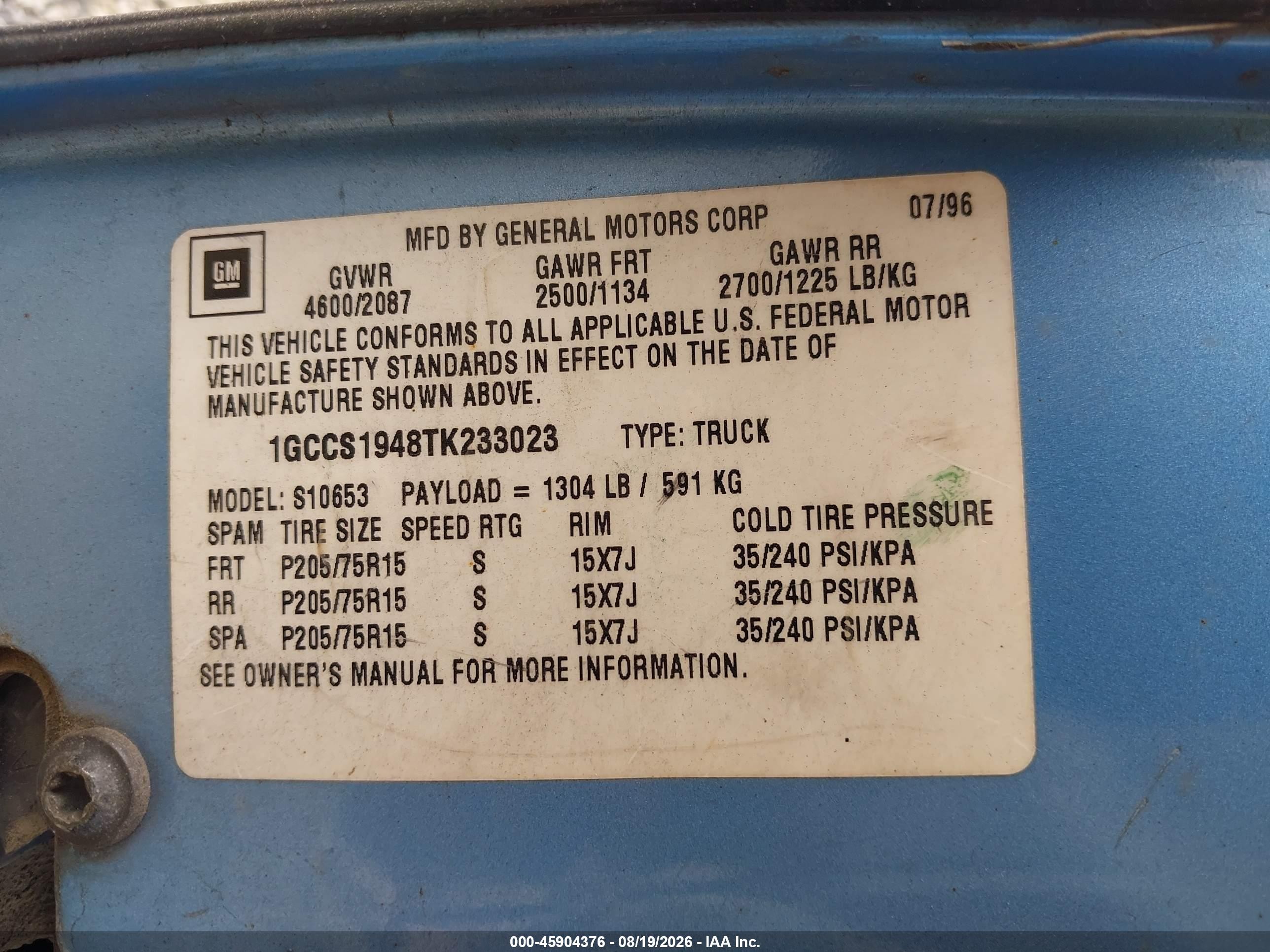 1996 Chevrolet S Truck S10 Синий vin: 1GCCS1948TK233023