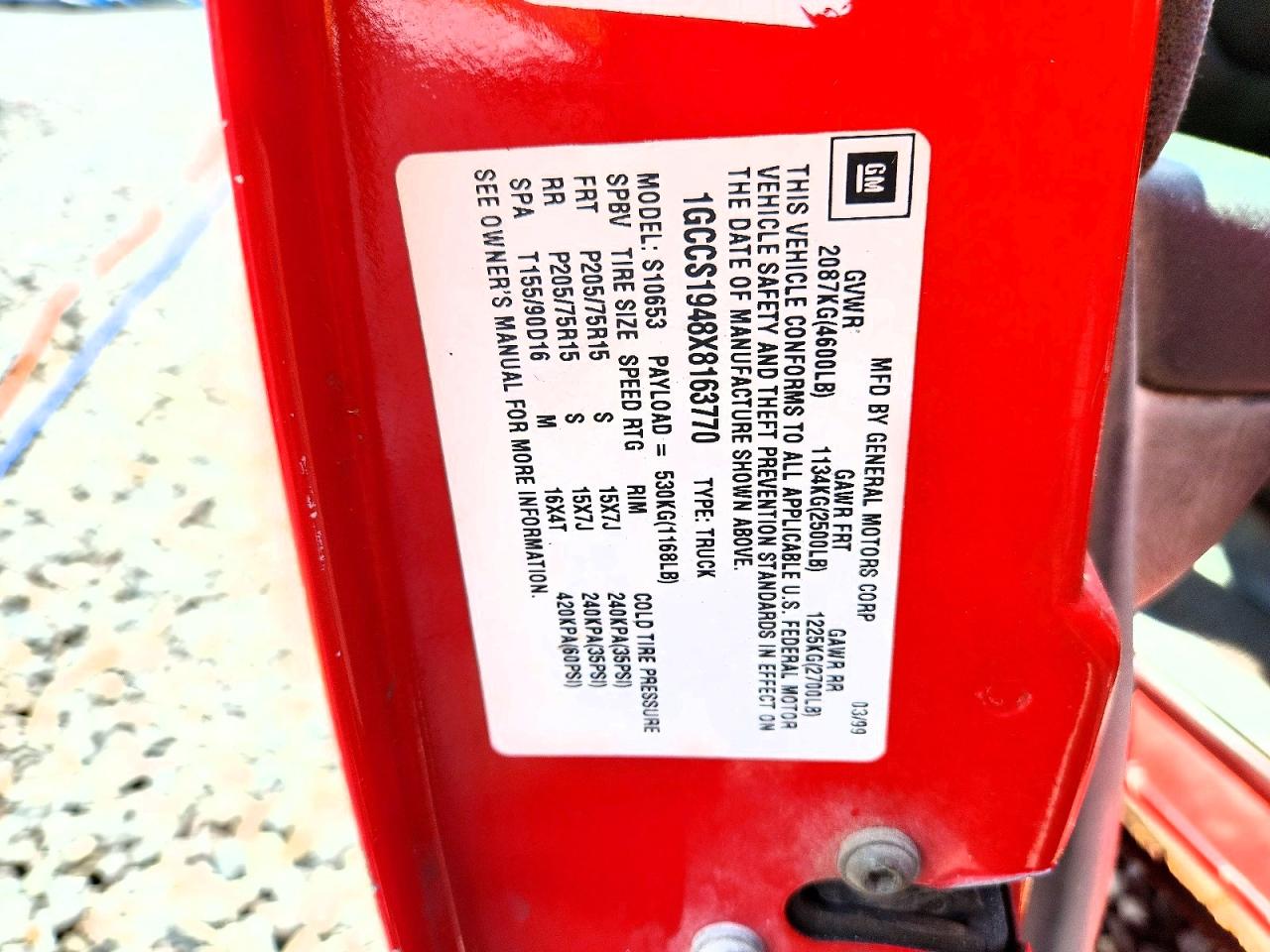 1999 Chevrolet S Truck S10 Red vin: 1GCCS1948X8163770
