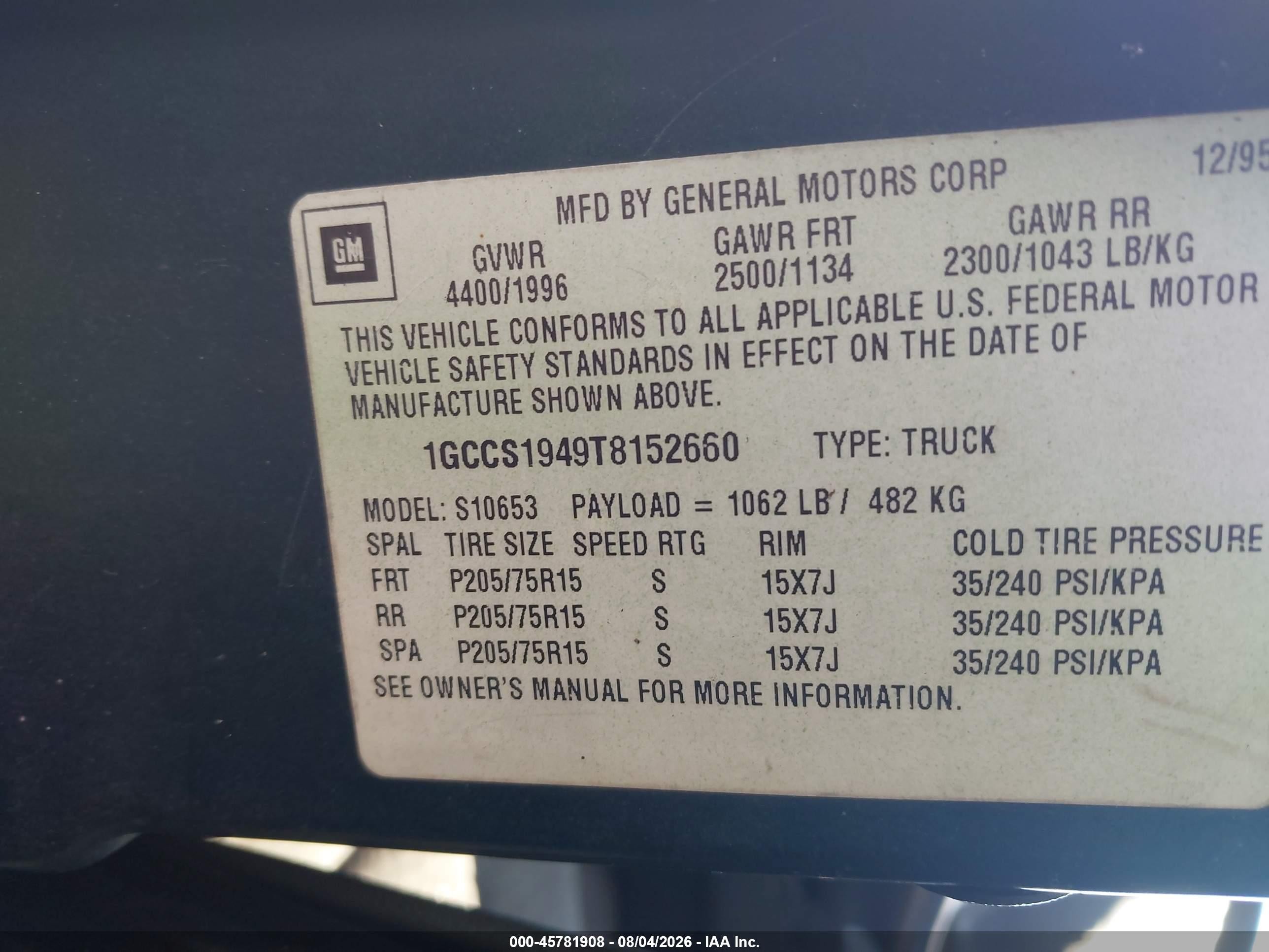 1996 Chevrolet S Truck S10 Green vin: 1GCCS1949T8152660