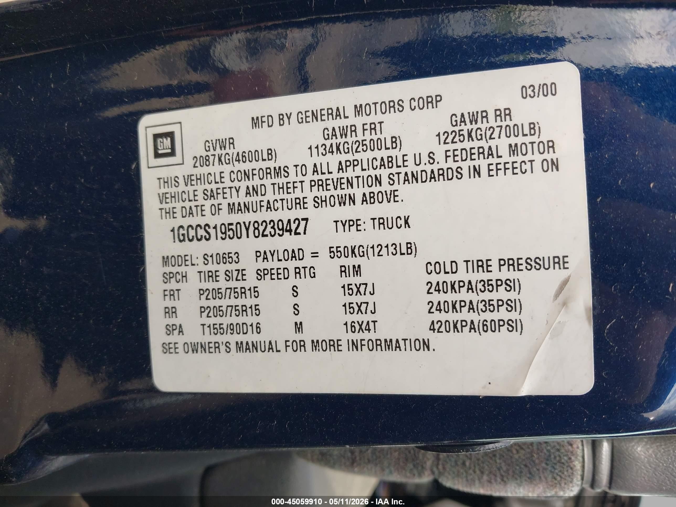 2000 Chevrolet S-10 Ls Blue vin: 1GCCS1950Y8239427