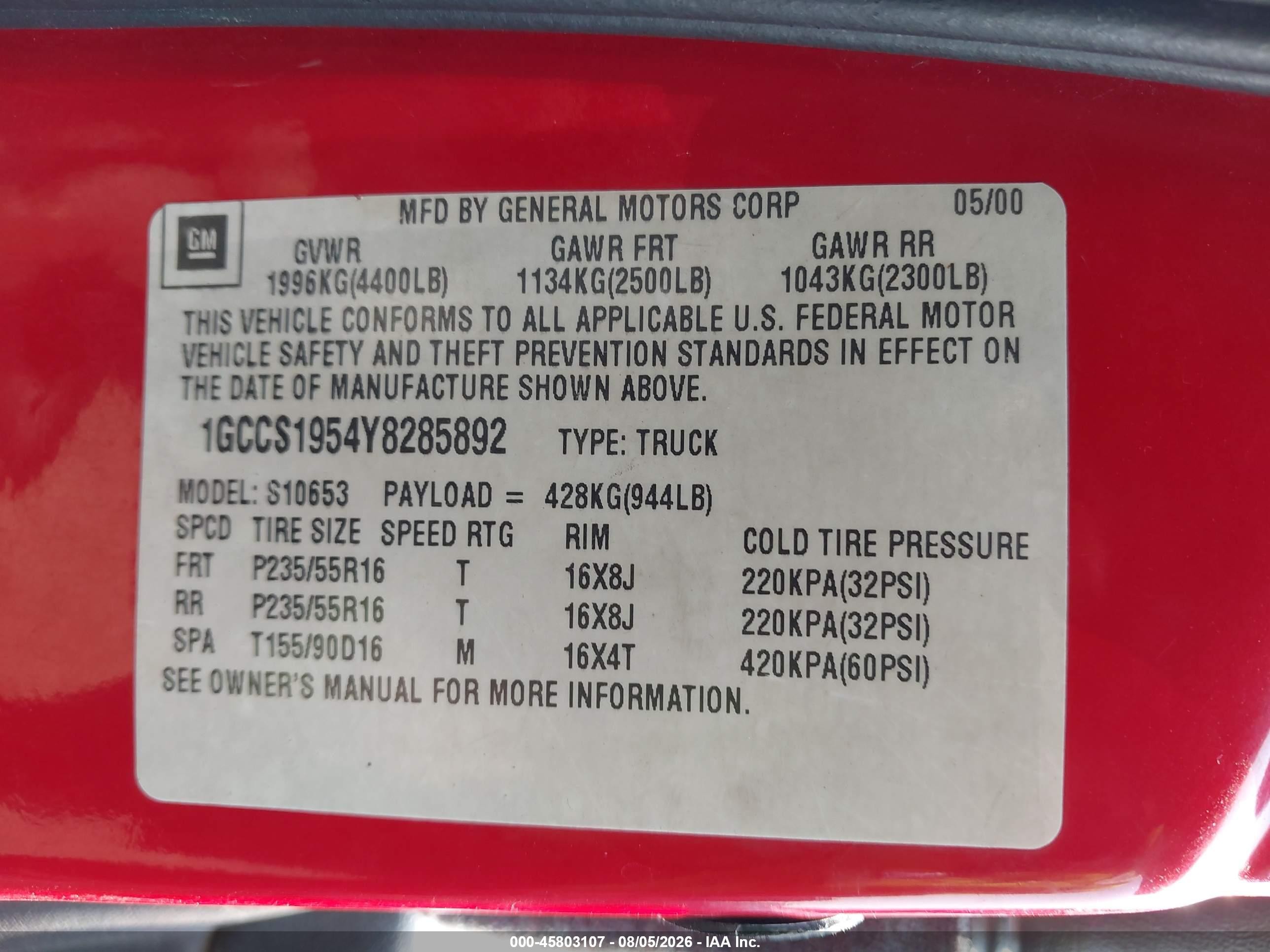 2000 Chevrolet S-10 Ls Red vin: 1GCCS1954Y8285892