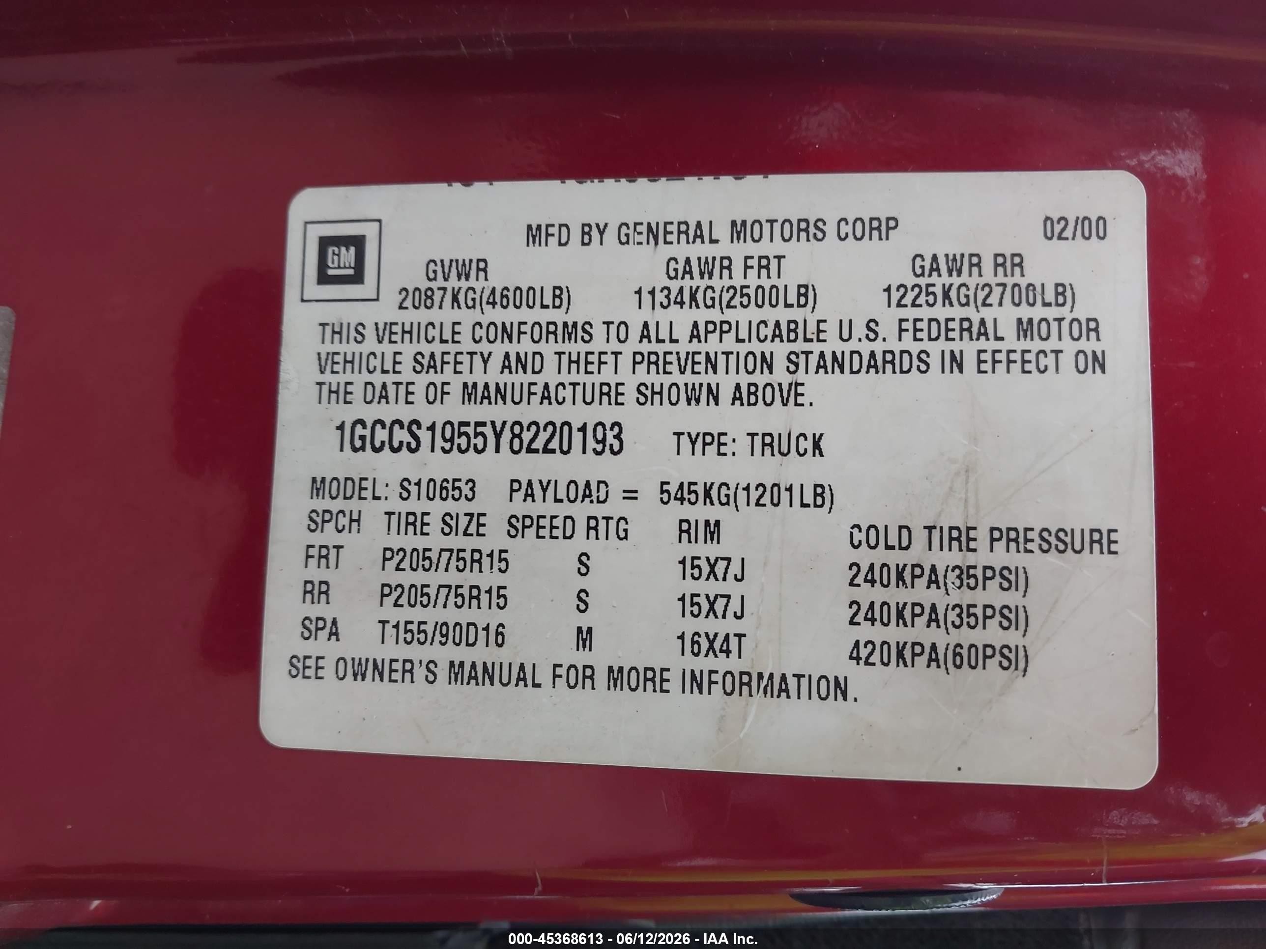 2000 Chevrolet S-10 Ls Red vin: 1GCCS1955Y8220193