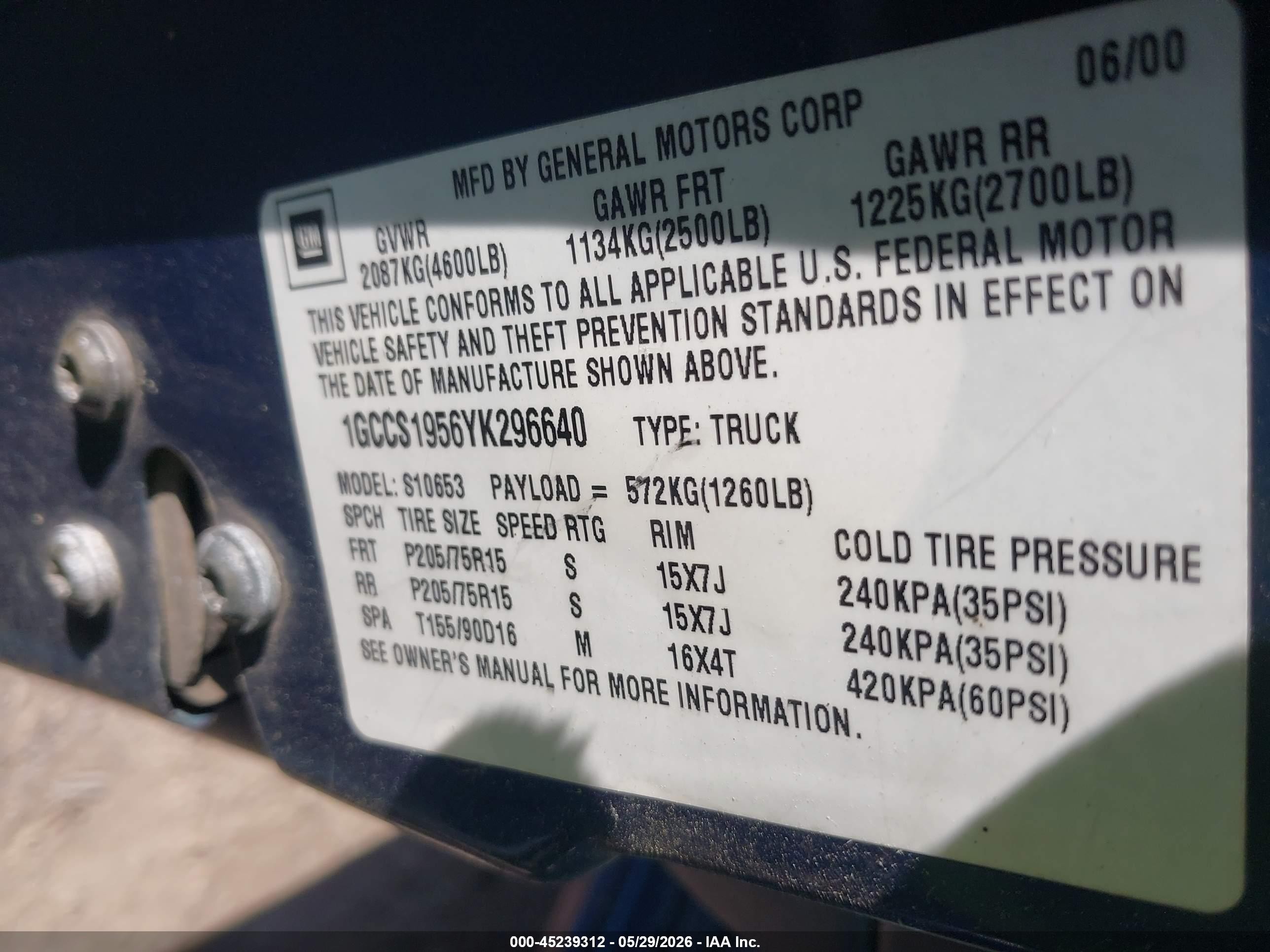 2000 Chevrolet S-10 Ls Blue vin: 1GCCS1956YK296640