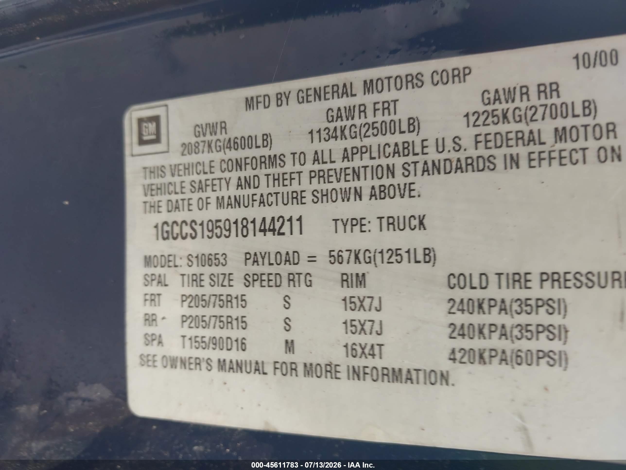 2001 Chevrolet S-10 Ls Blue vin: 1GCCS195918144211