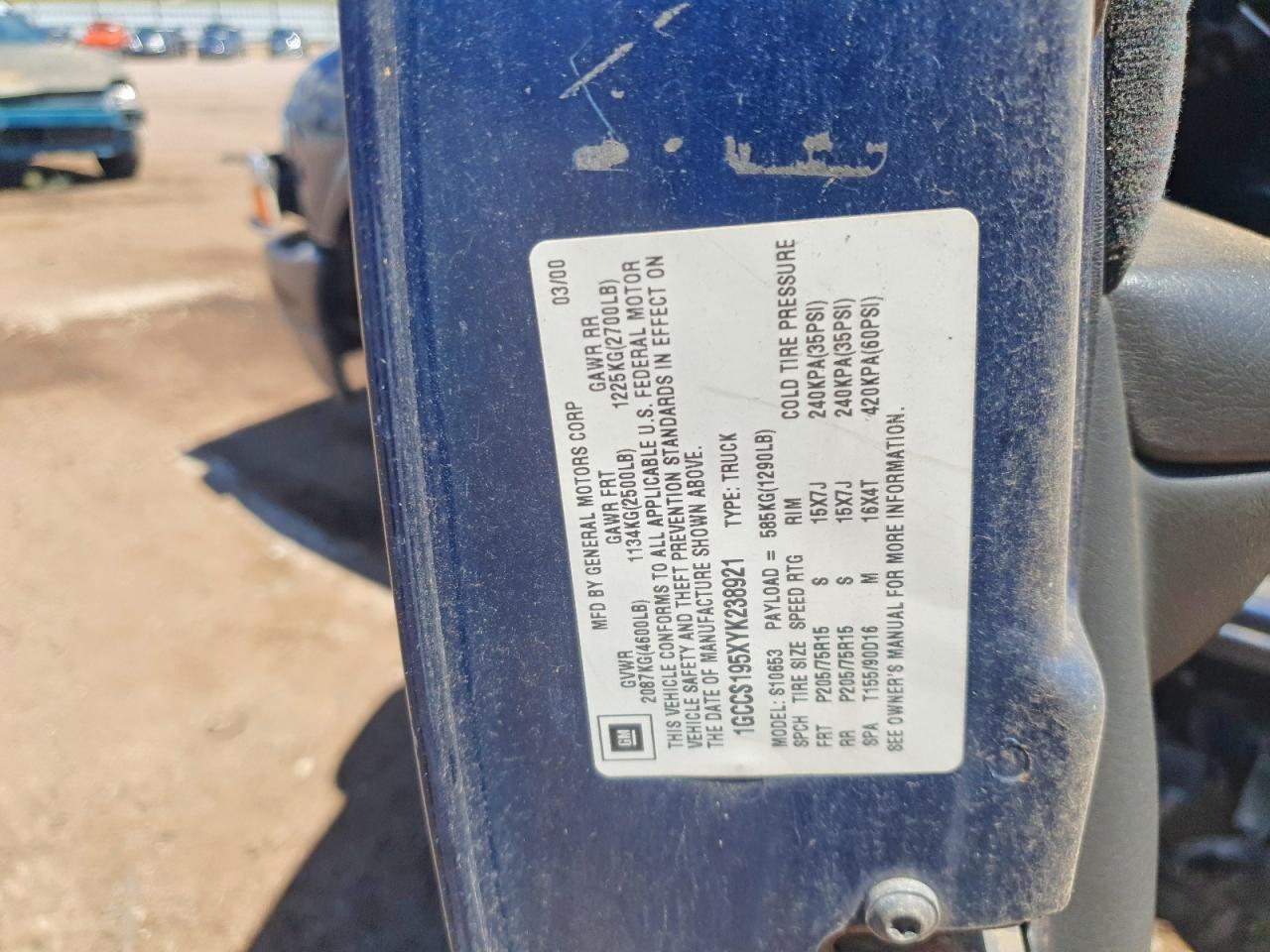 2000 Chevrolet S Truck S10 Blue vin: 1GCCS195XYK238921