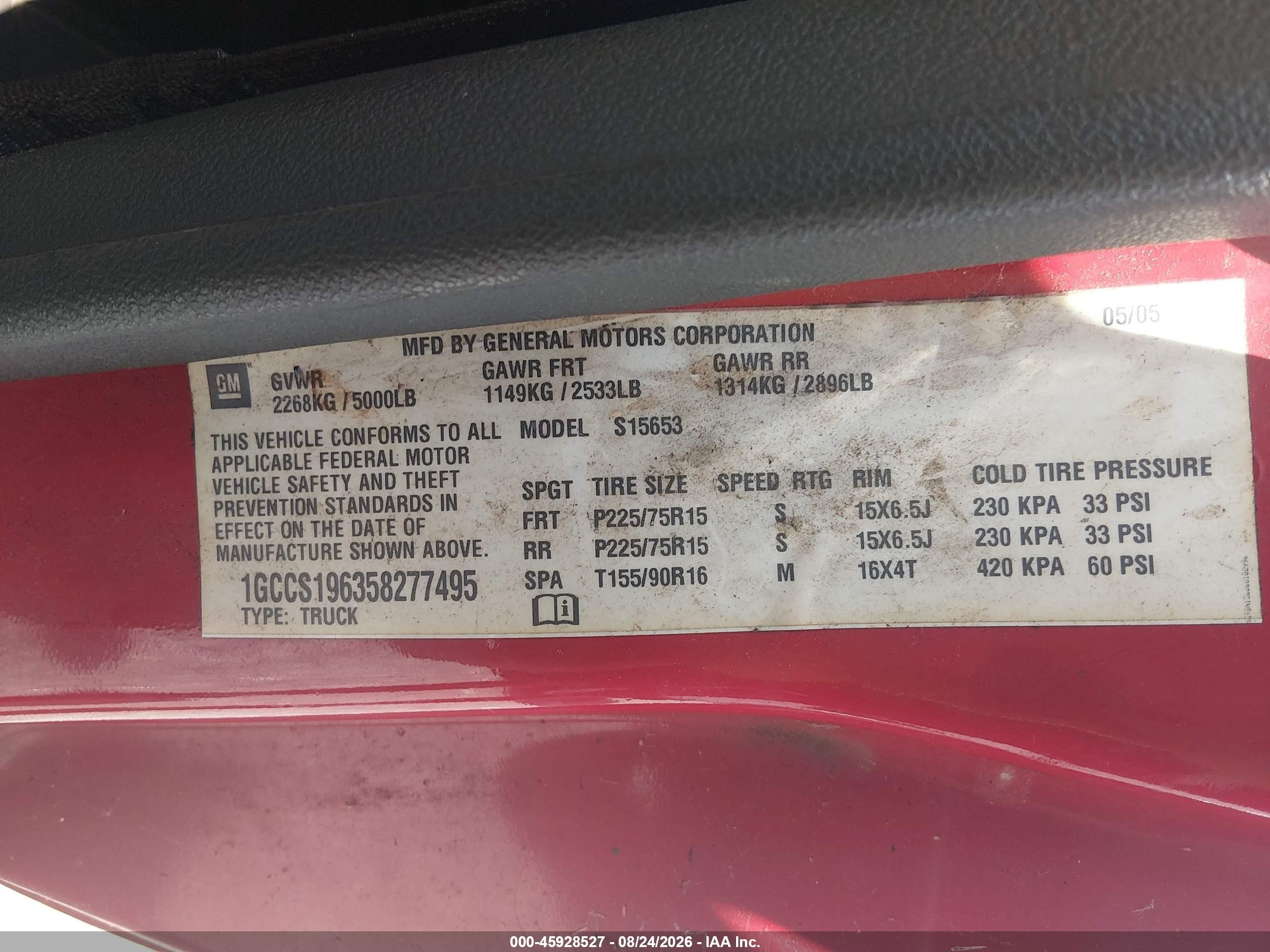 2005 Chevrolet Colorado Ls Red vin: 1GCCS196358277495
