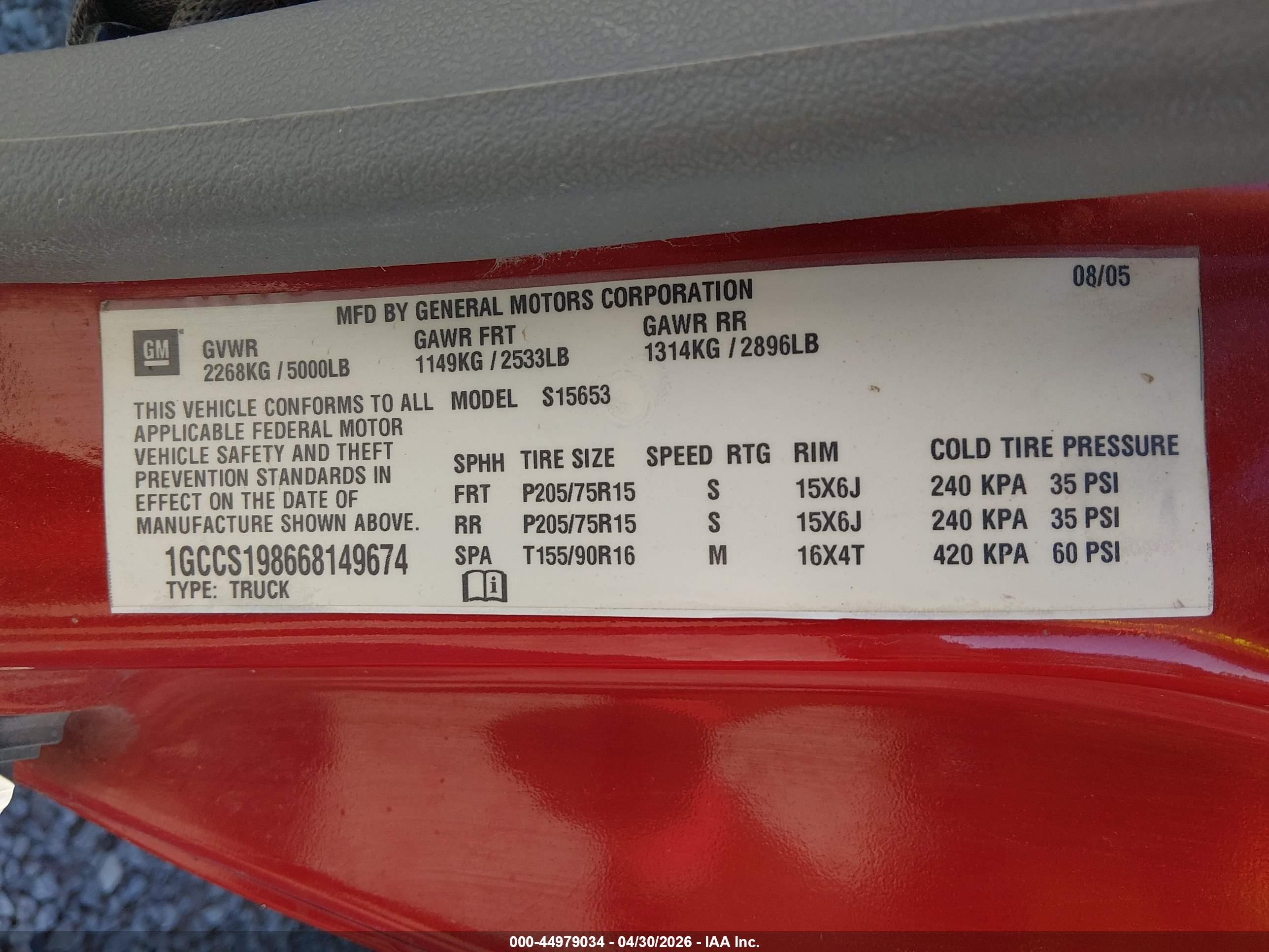 2006 Chevrolet Colorado Work Truck Red vin: 1GCCS198668149674