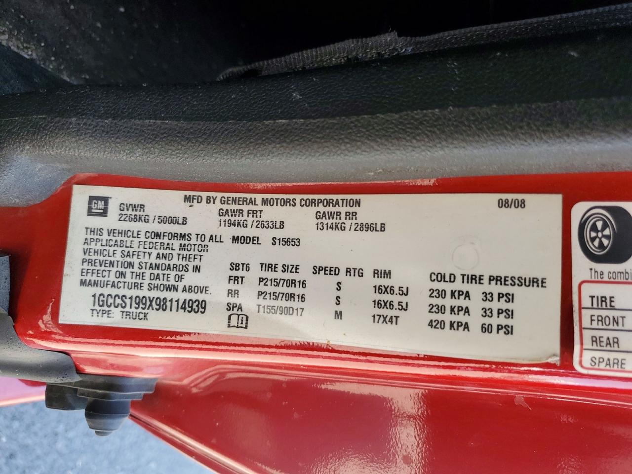 2009 Chev Colorado Red vin: 1GCCS199X98114939