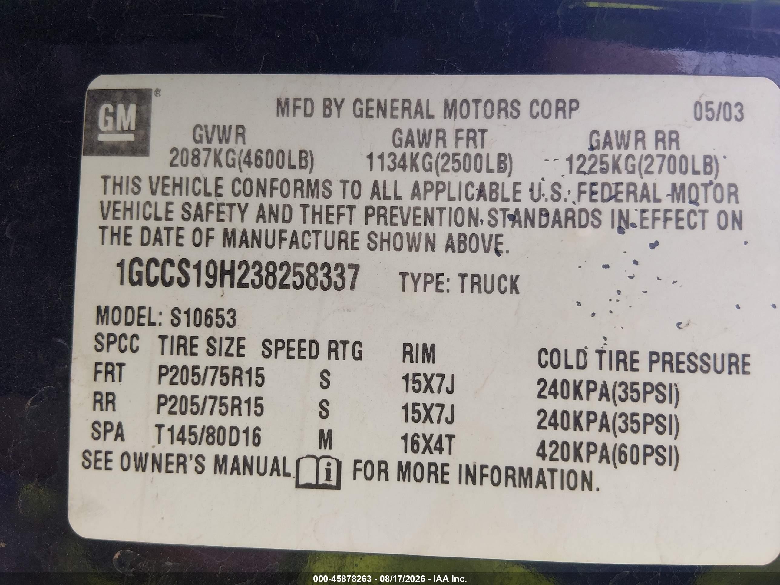2003 Chevrolet S-10 Ls Blue vin: 1GCCS19H238258337
