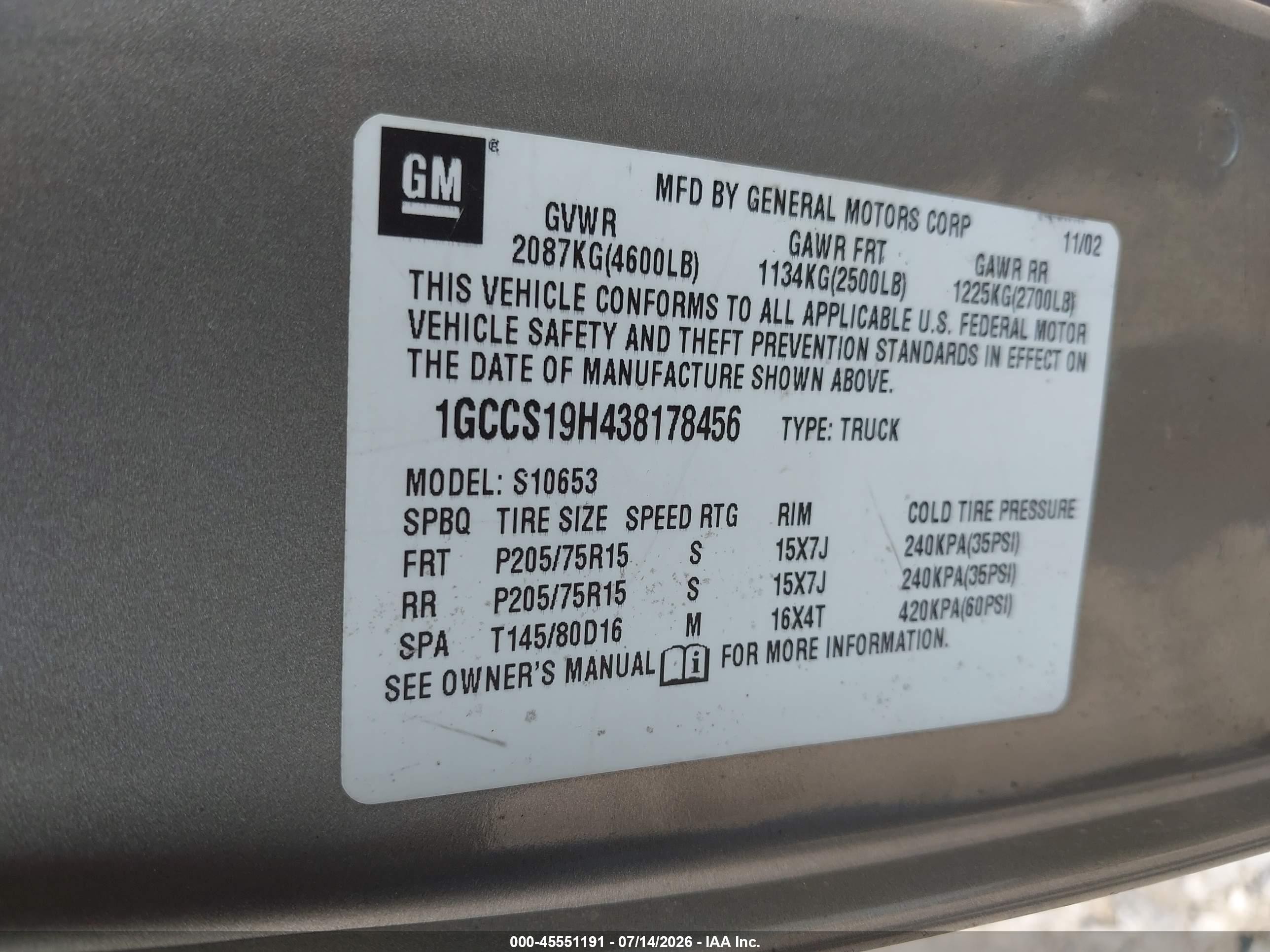 2003 Chevrolet S-10 Ls Коричневый vin: 1GCCS19H438178456