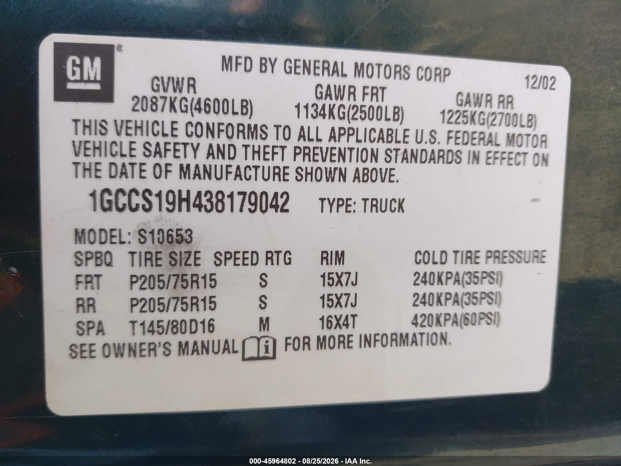 2003 Chevrolet S-10 Ls Green vin: 1GCCS19H438179042
