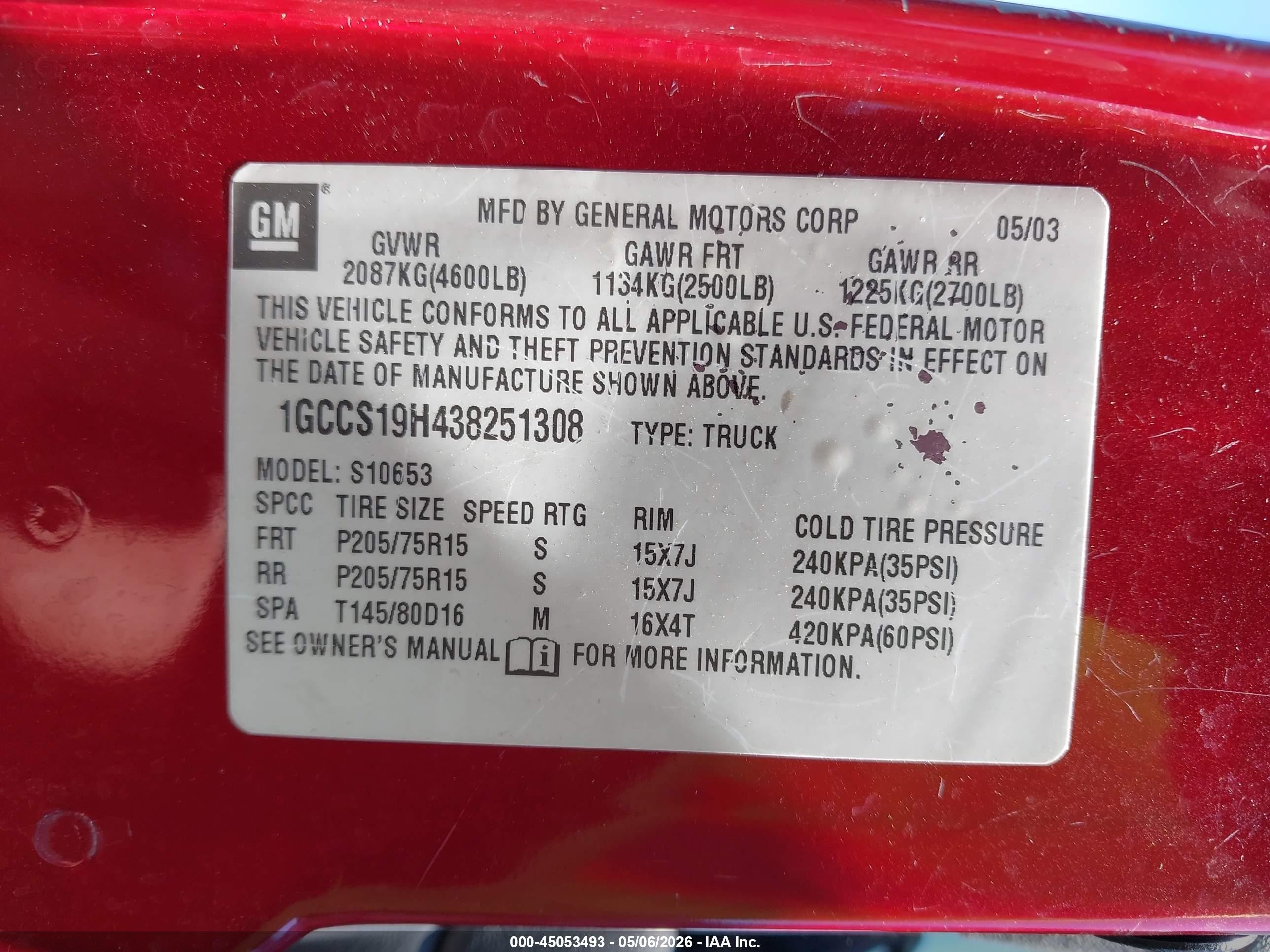 2003 Chevrolet S-10 Ls Red vin: 1GCCS19H438251308