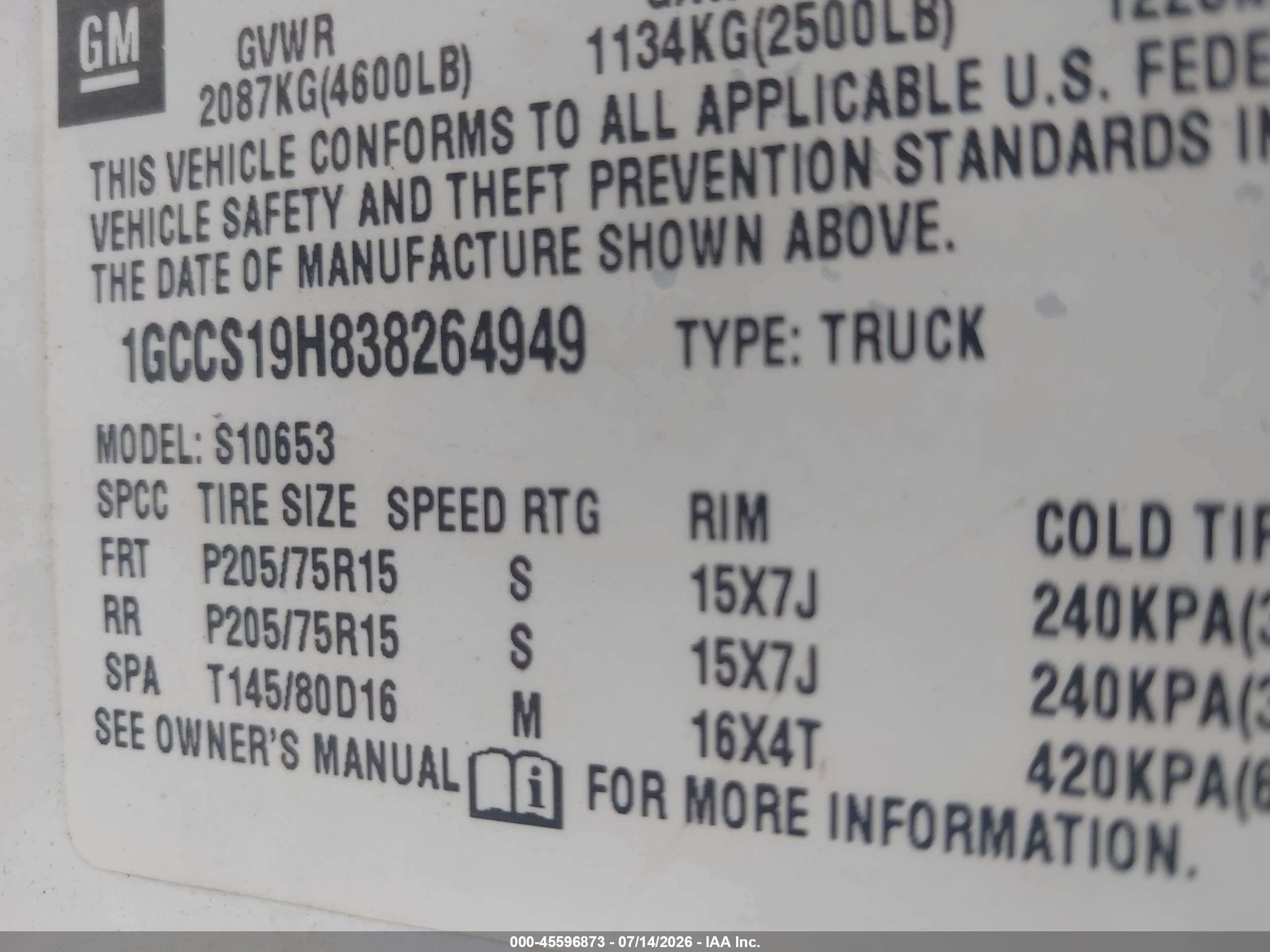 2003 Chevrolet S-10 Ls White vin: 1GCCS19H838264949