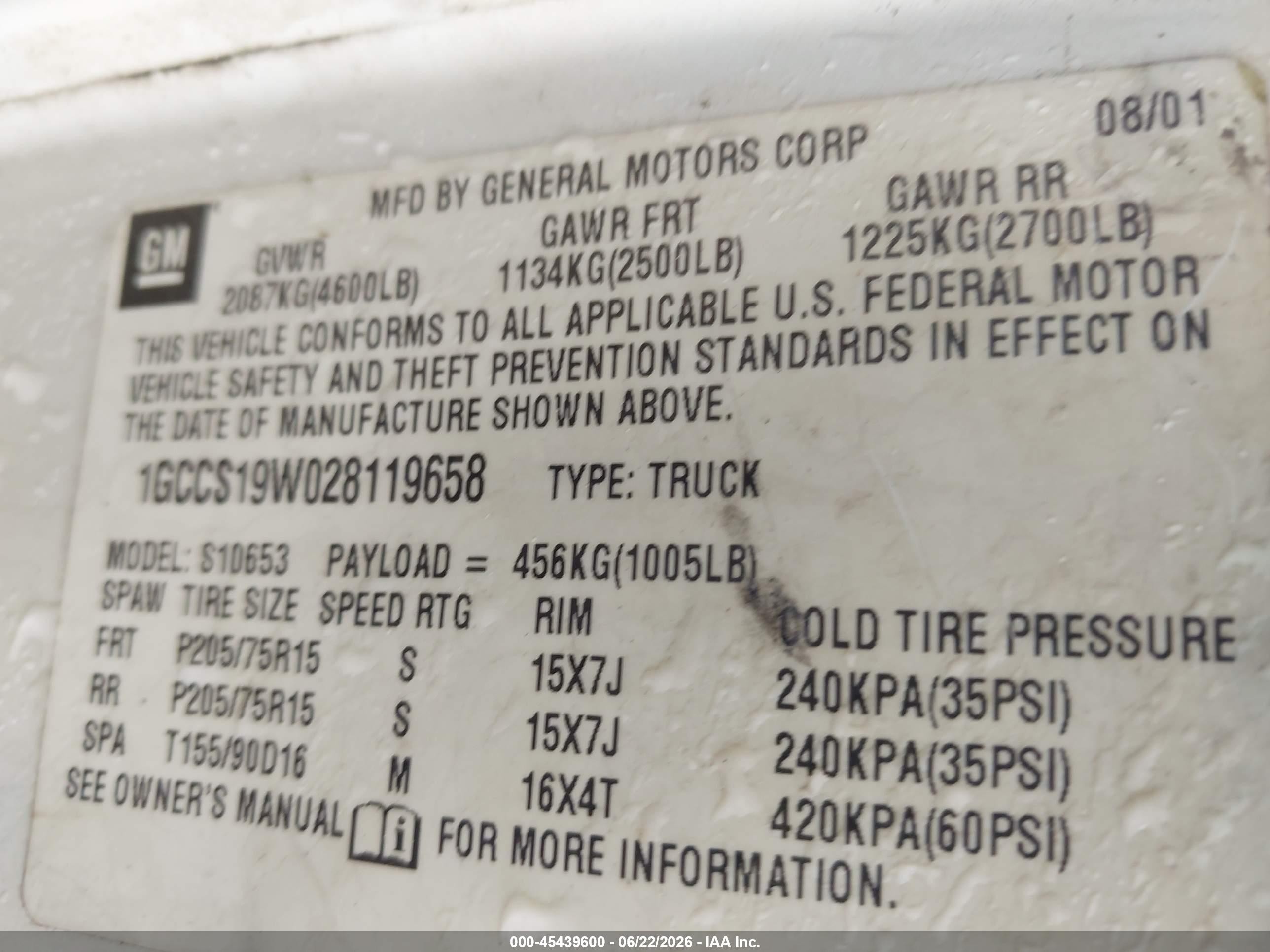 2002 Chevrolet S-10 Ls White vin: 1GCCS19W028119658